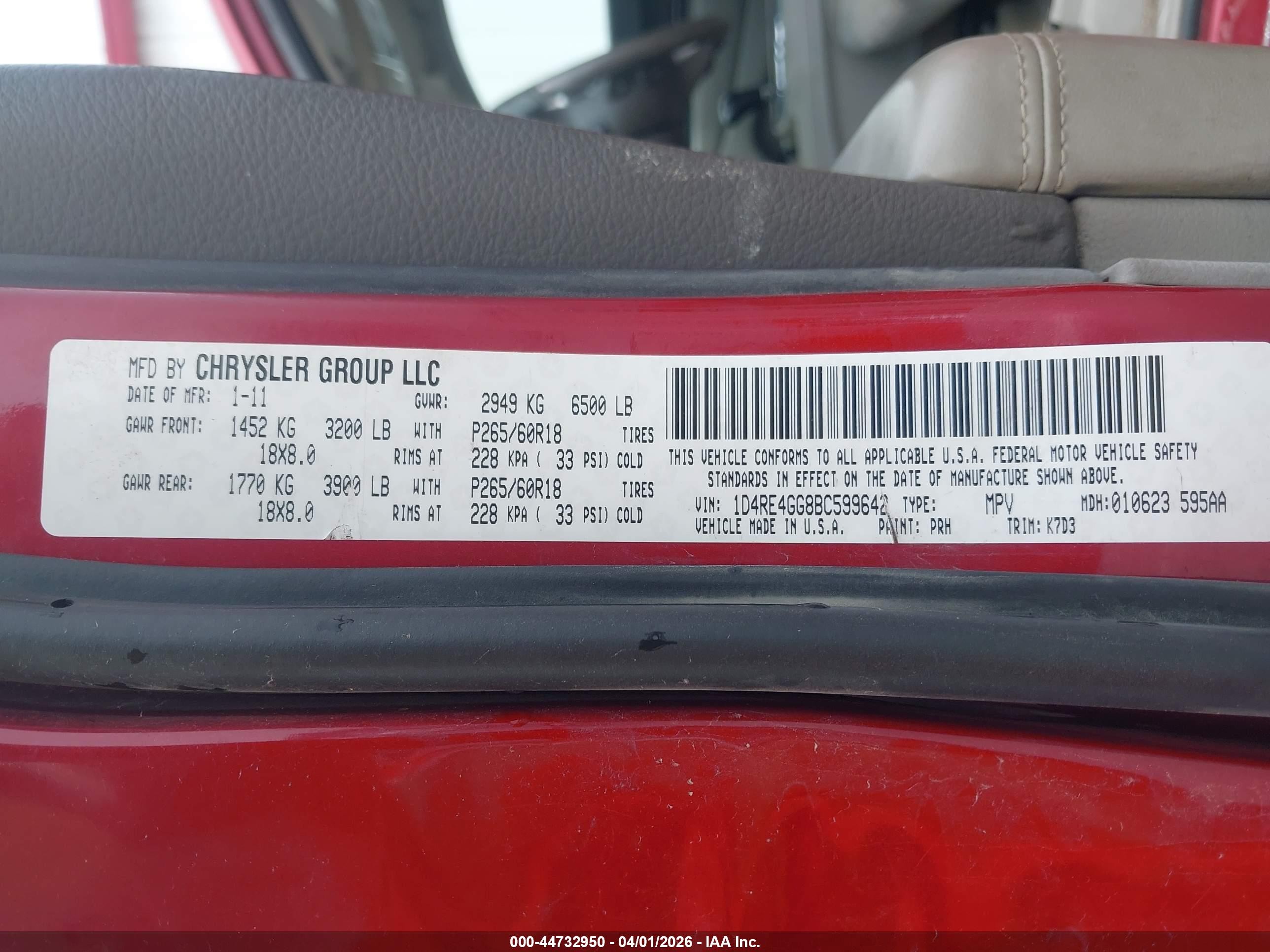 2011 Dodge Durango Crew Red vin: 1D4RE4GG8BC599642