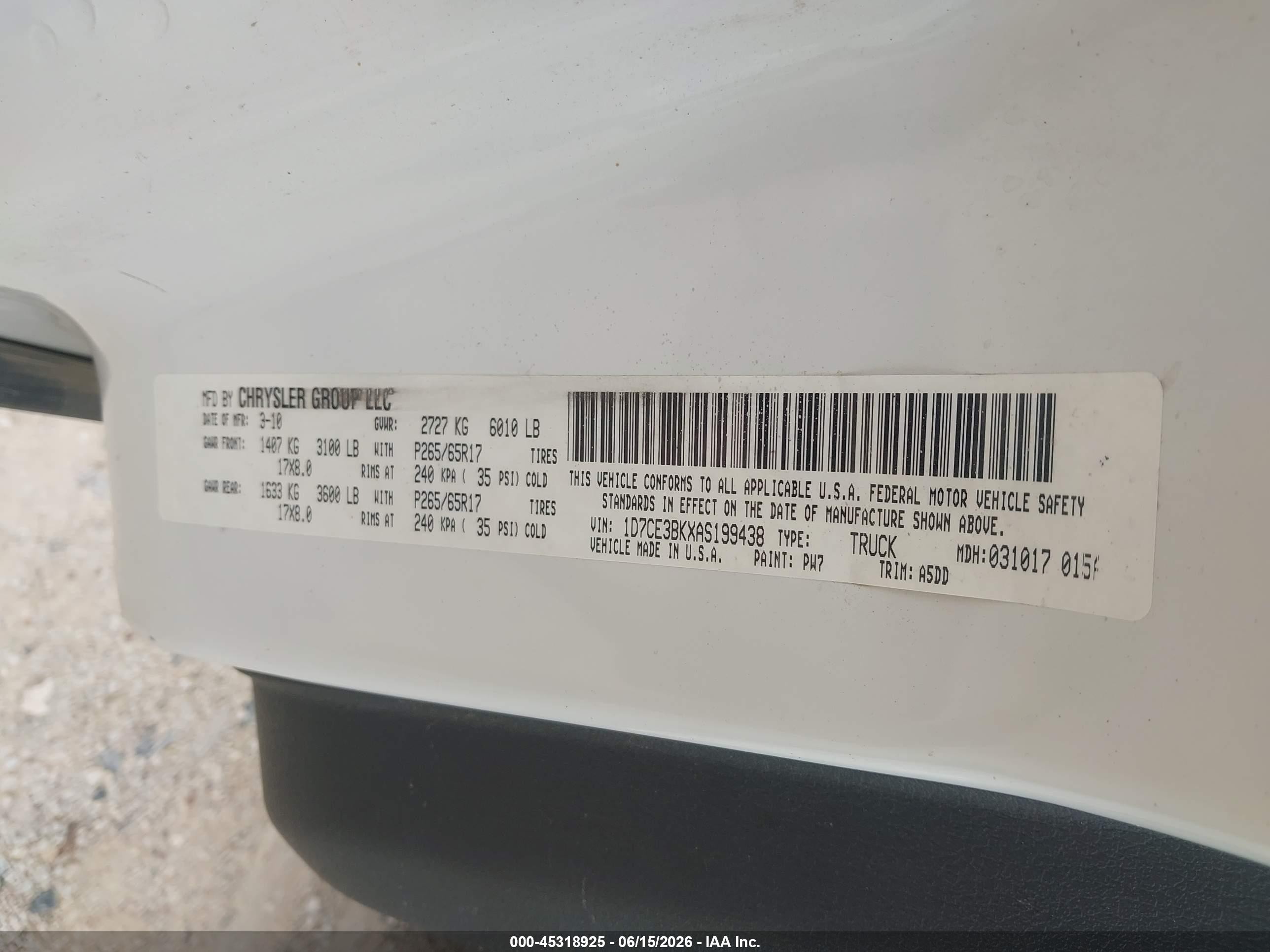 2010 Dodge Dakota Bighorn/lonestar White vin: 1D7CE3BKXAS199438