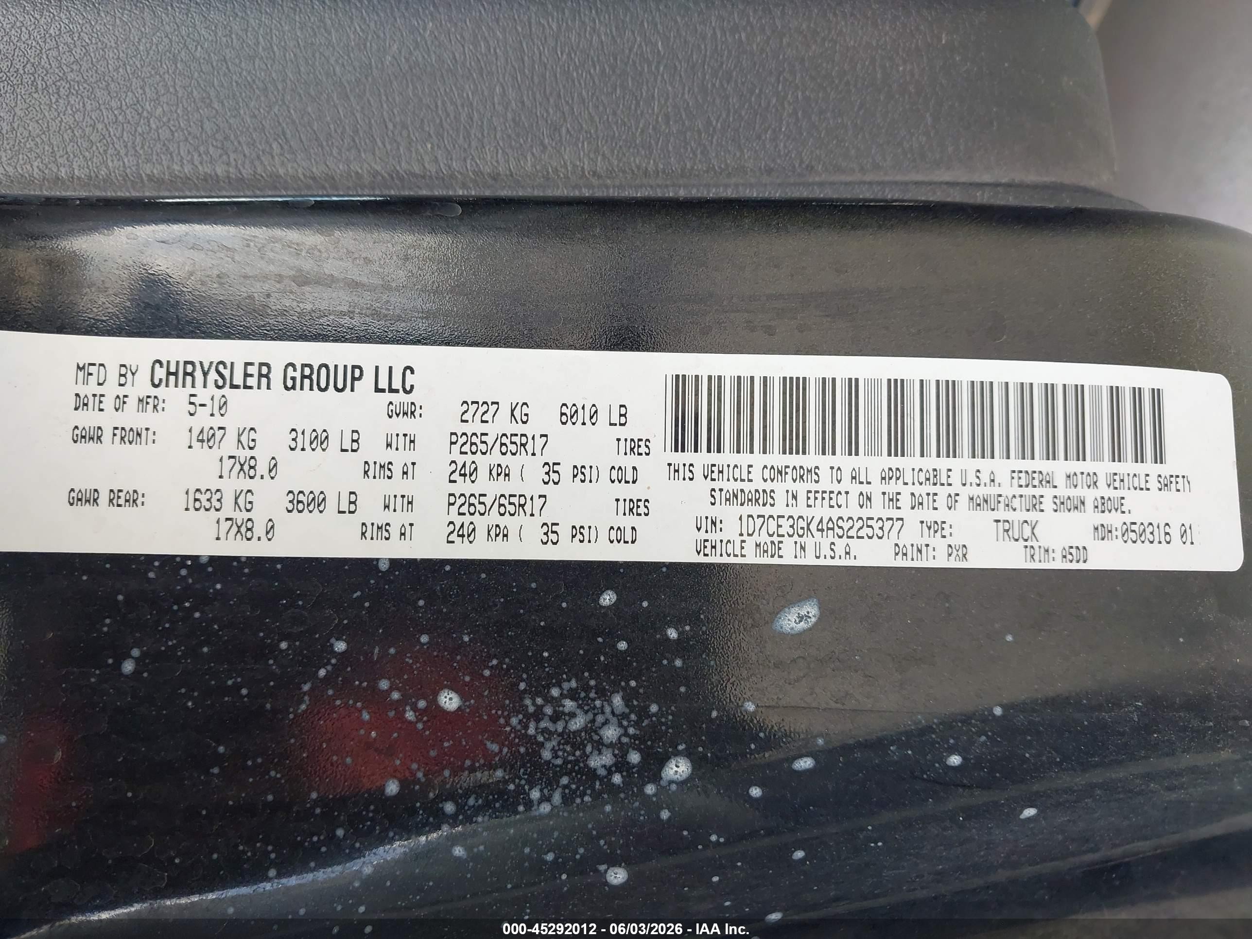 2010 Dodge Dakota Bighorn/lonestar Black vin: 1D7CE3GK4AS225377