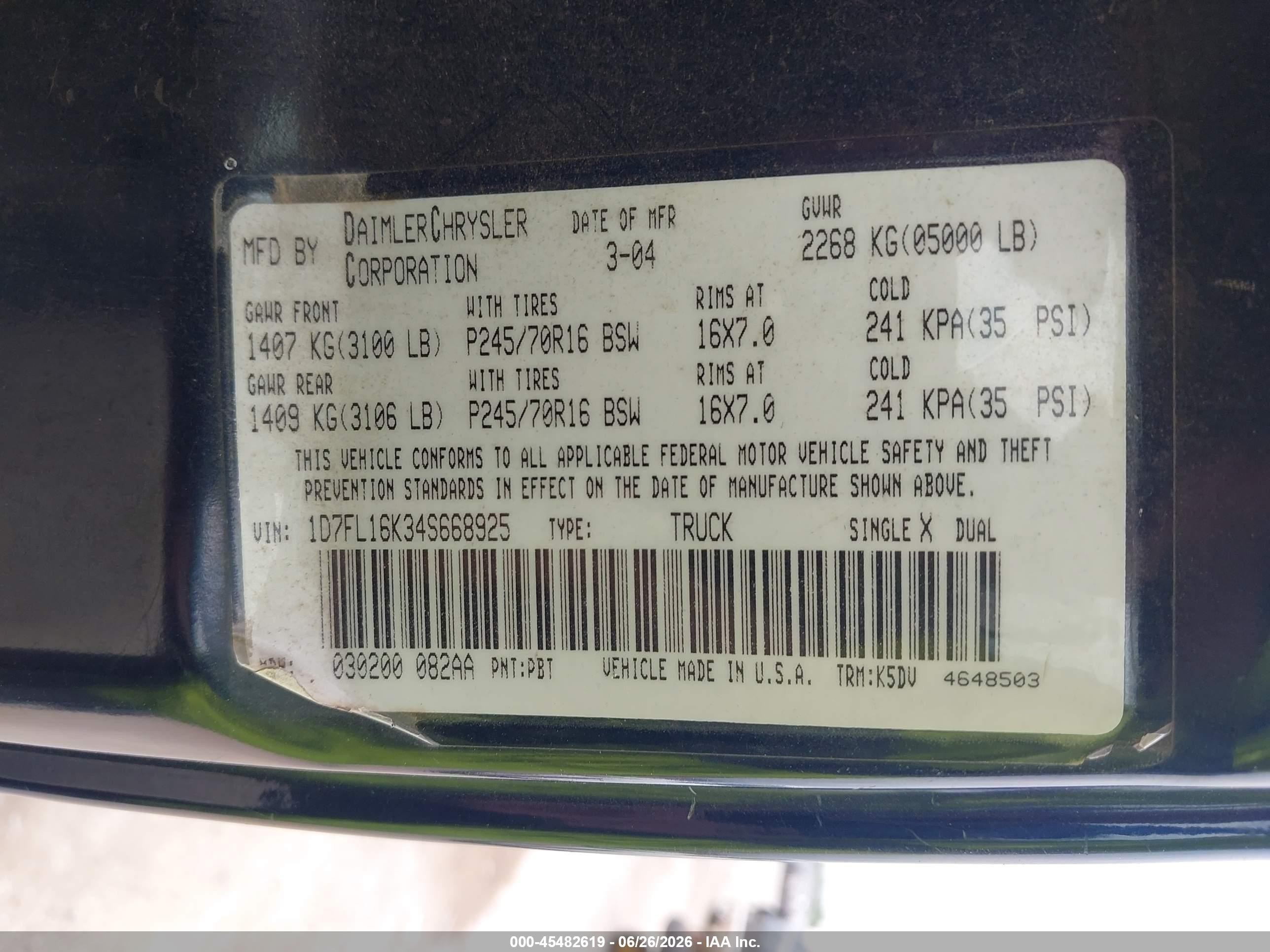 2004 Dodge Dakota   Blue vin: 1D7FL16K34S668925