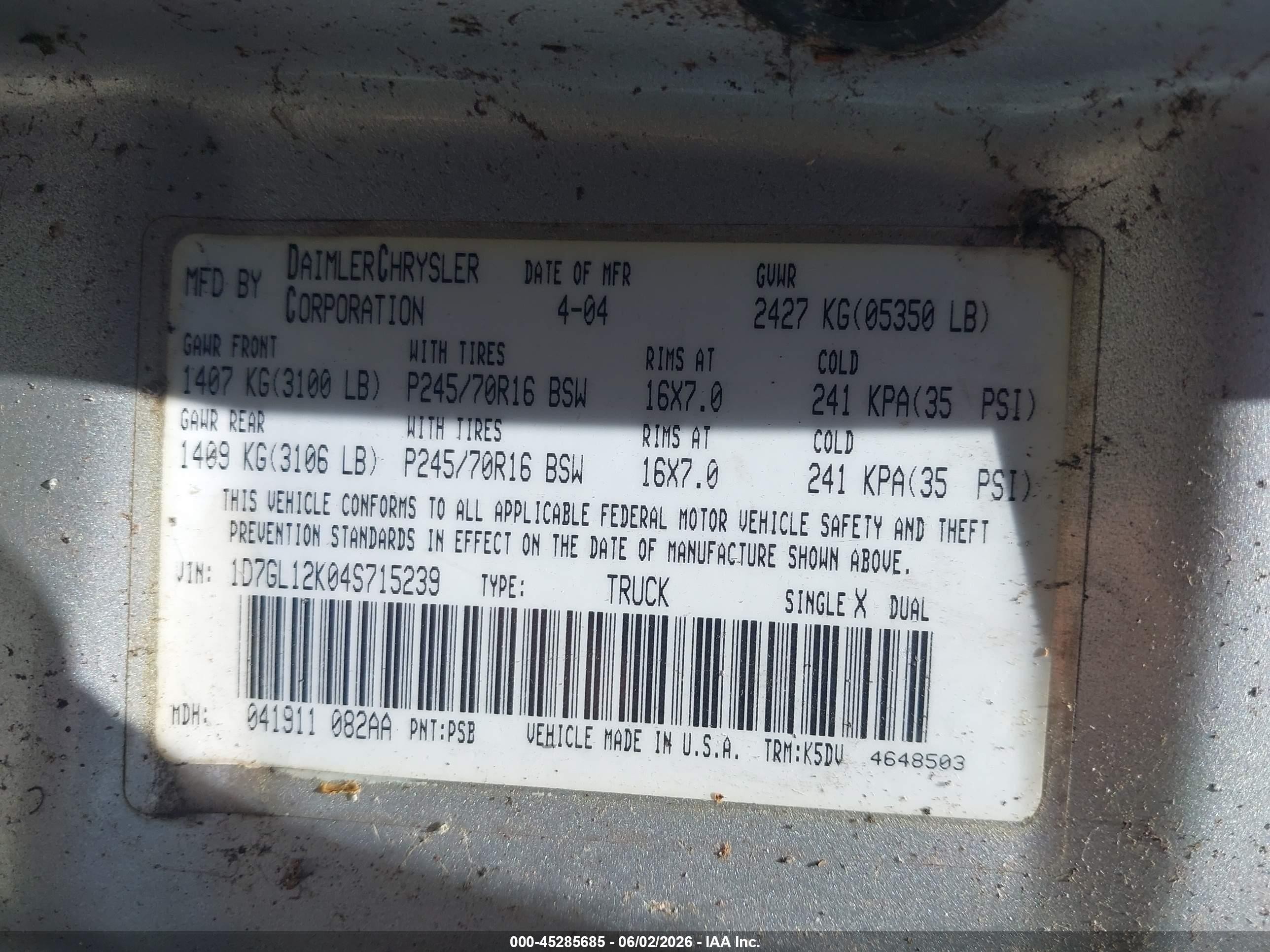 2004 Dodge Dakota   Silver vin: 1D7GL12K04S715239