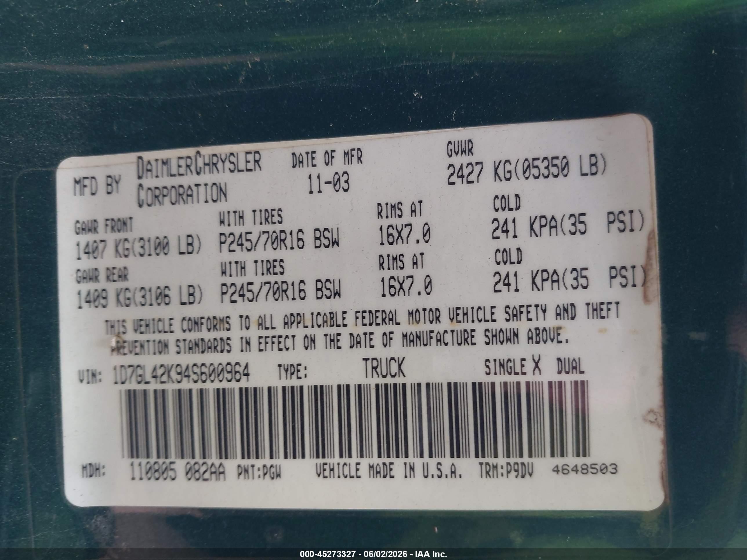 2004 Dodge Dakota Slt Green vin: 1D7GL42K94S600964