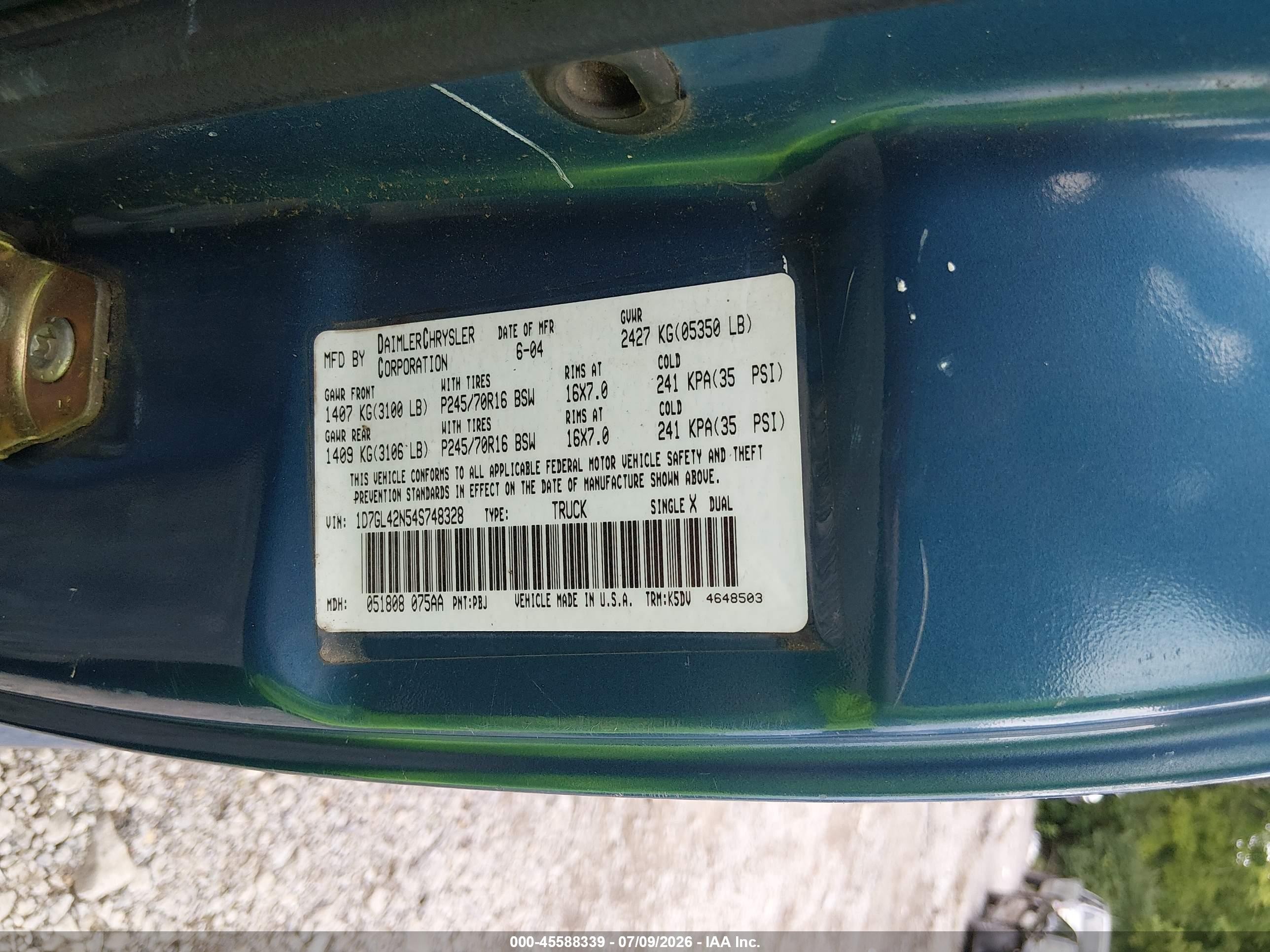 2004 Dodge Dakota Slt Blue vin: 1D7GL42N54S748328