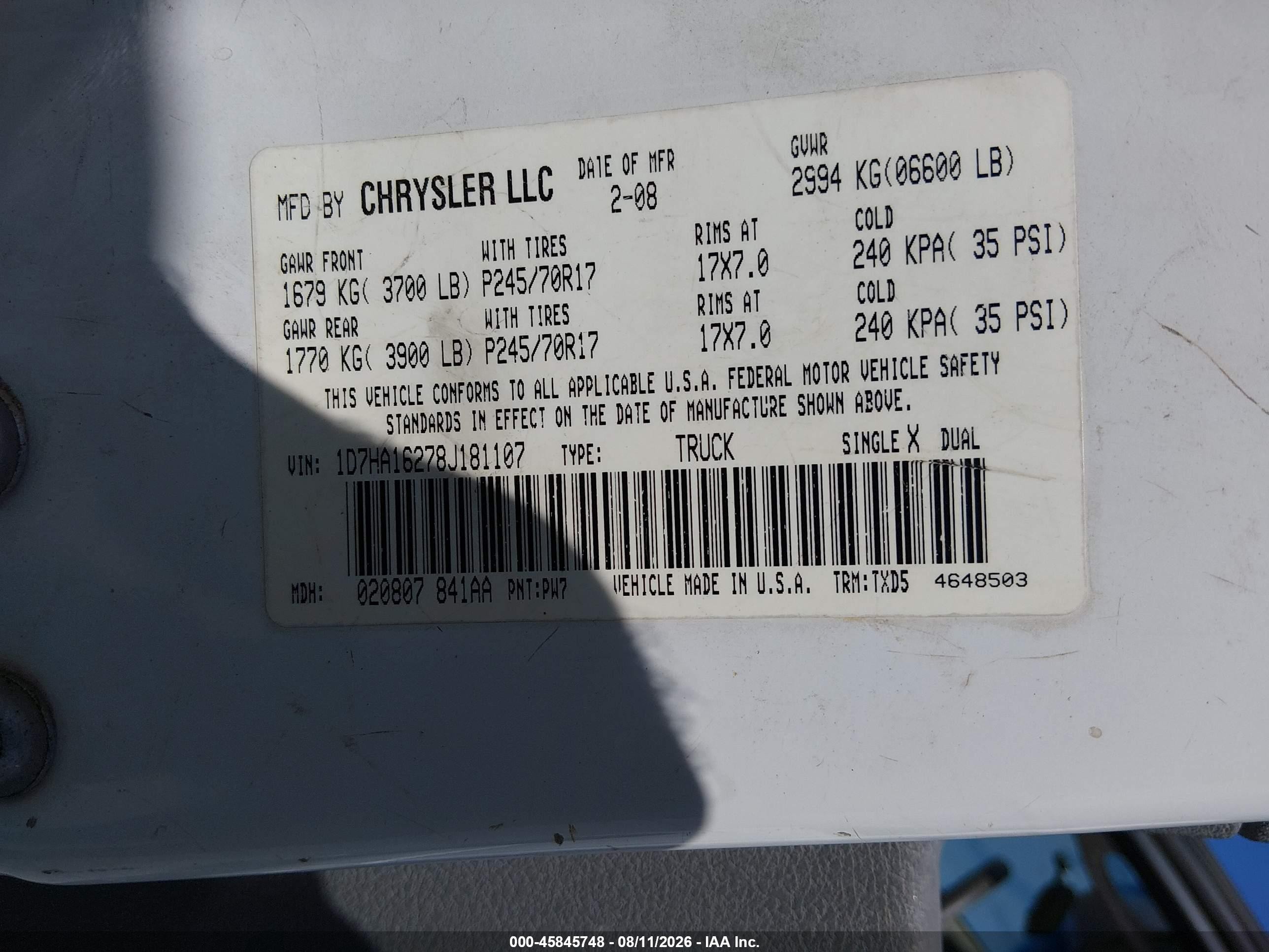 2008 Dodge Ram 1500 St/sxt White vin: 1D7HA16278J181107