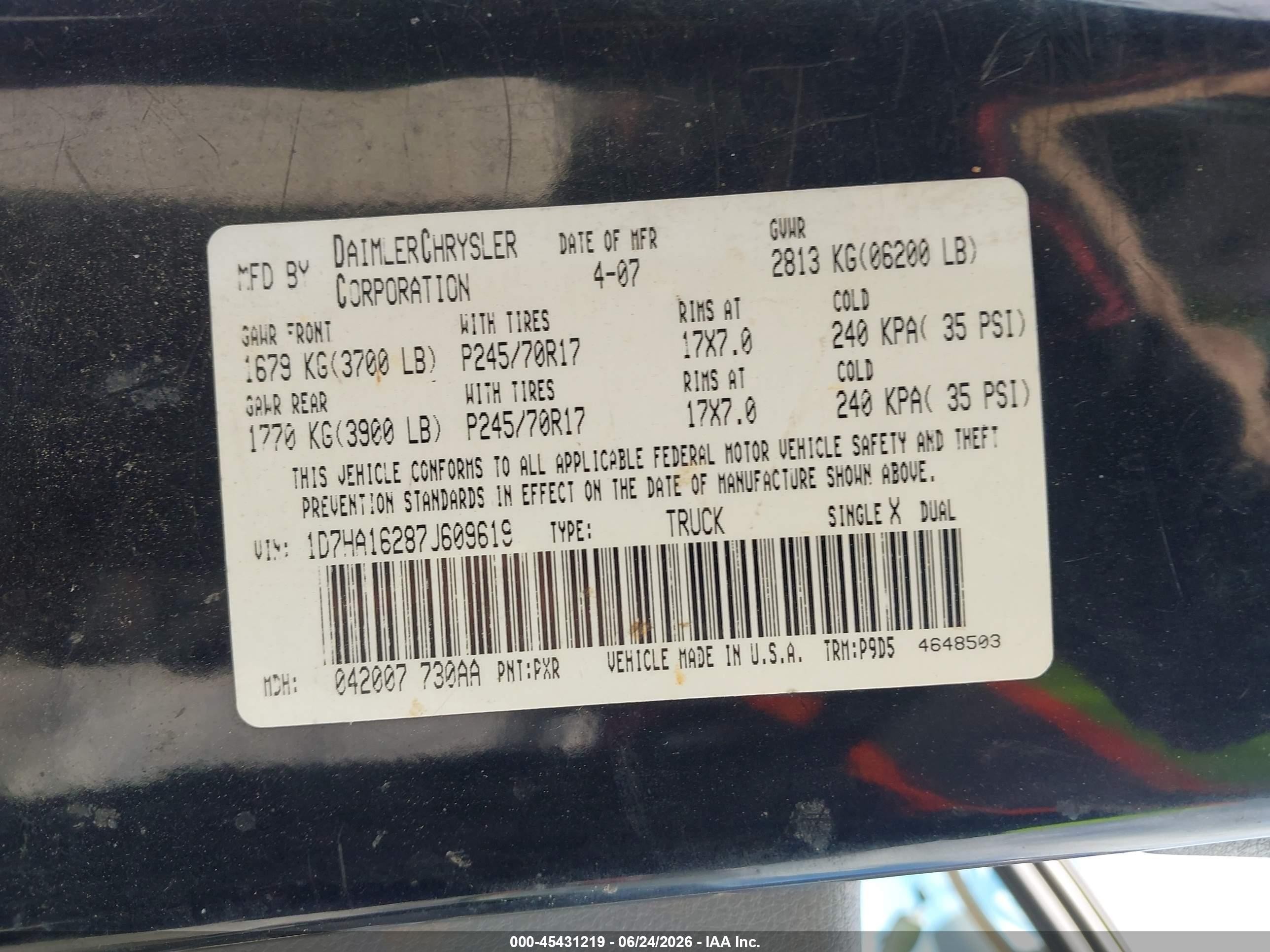 2007 Dodge Ram 1500 St Black vin: 1D7HA16287J609619