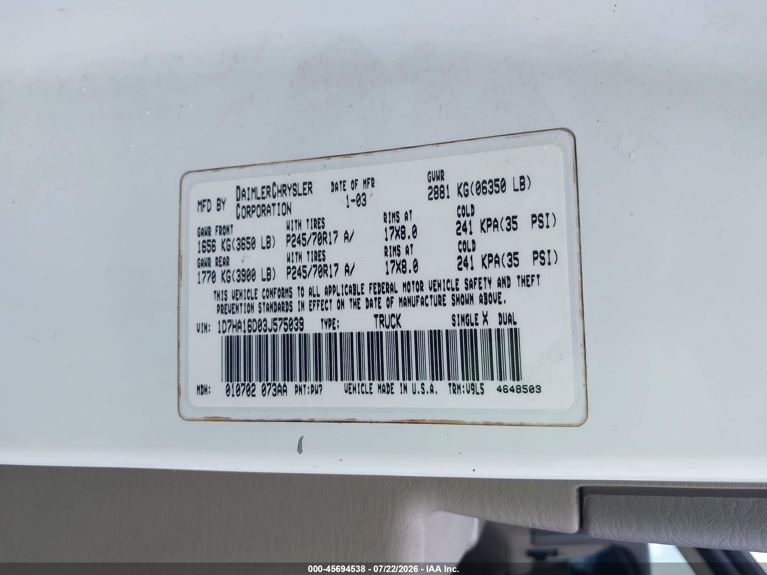 2003 Dodge Ram 1500 Slt/laramie/st White vin: 1D7HA16D03J575039