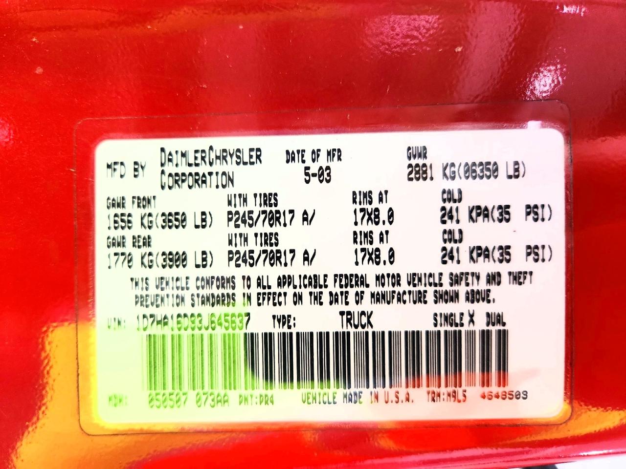 2003 Dodge Ram 1500 St/slt Red vin: 1D7HA16D93J645637