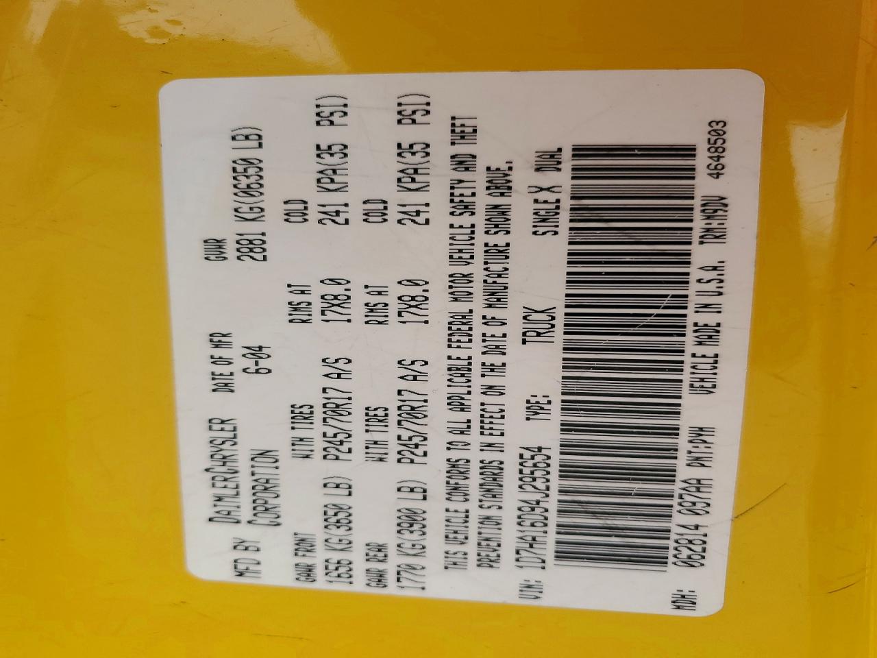 2004 Dodge Ram 1500 St Yellow vin: 1D7HA16D94J295654