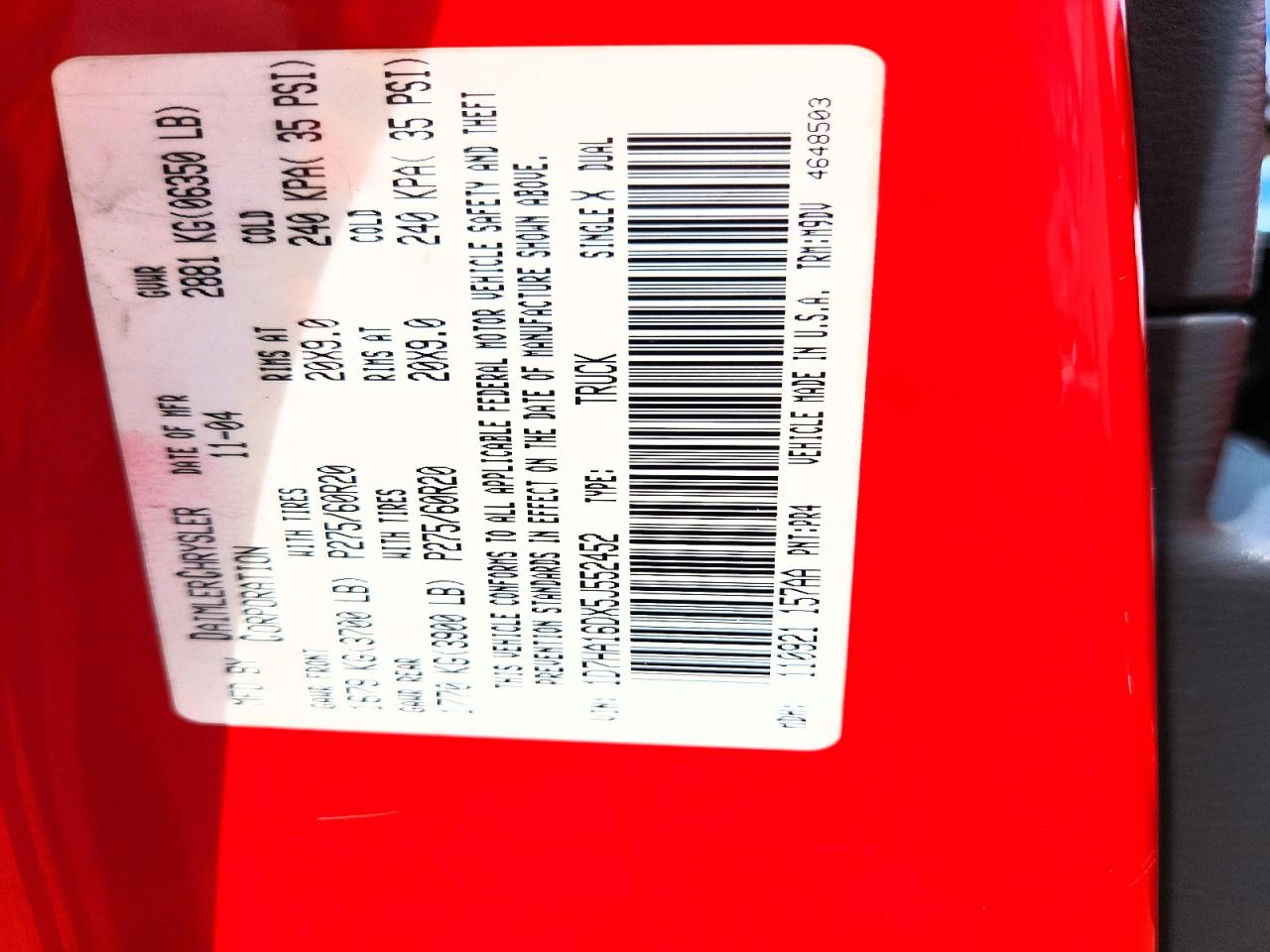 2005 Dodge Ram 1500 St Red vin: 1D7HA16DX5J552452
