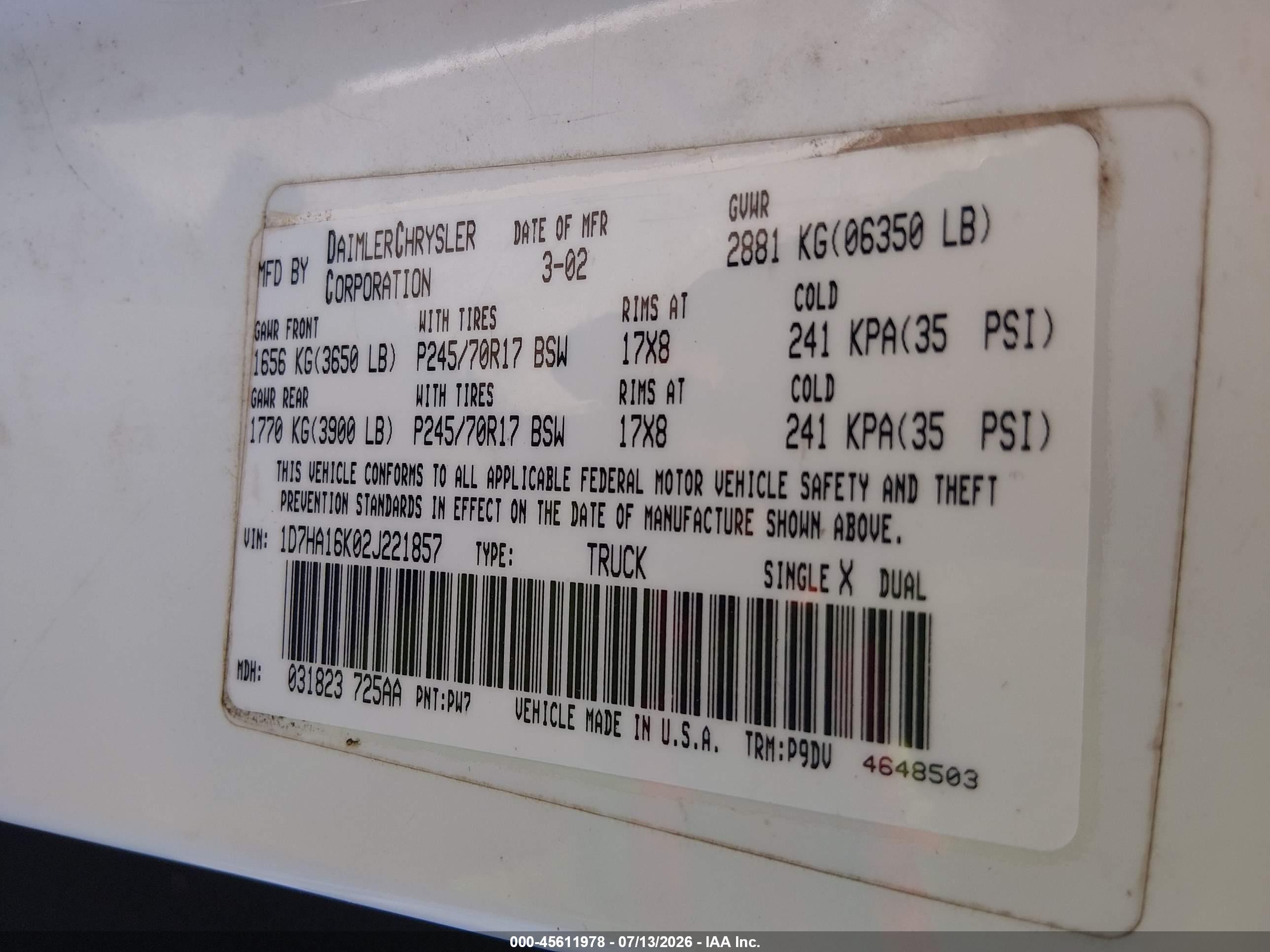 2002 Dodge Ram 1500 St White vin: 1D7HA16K02J221857