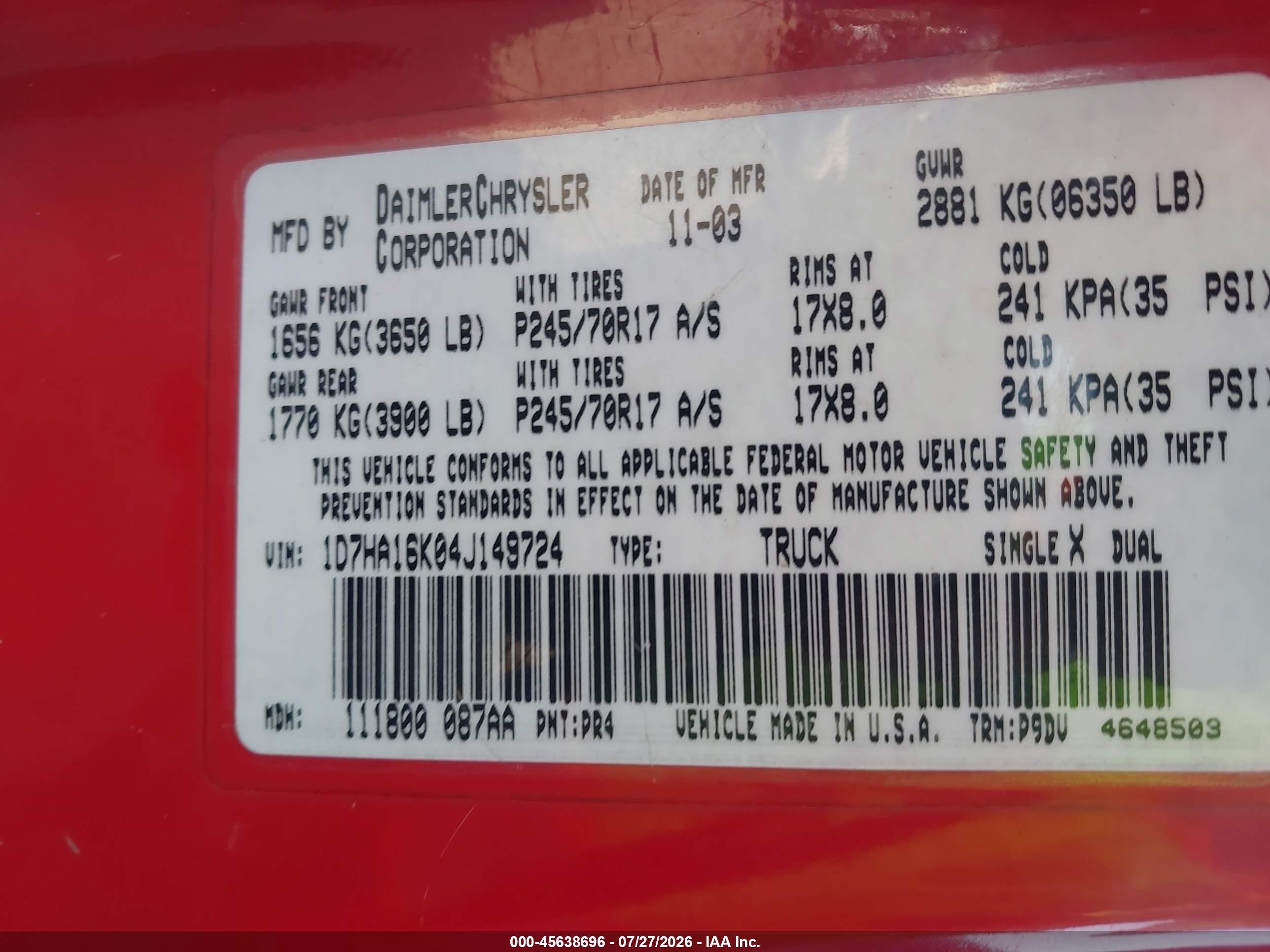 2004 Dodge Ram 1500 St Red vin: 1D7HA16K04J149724
