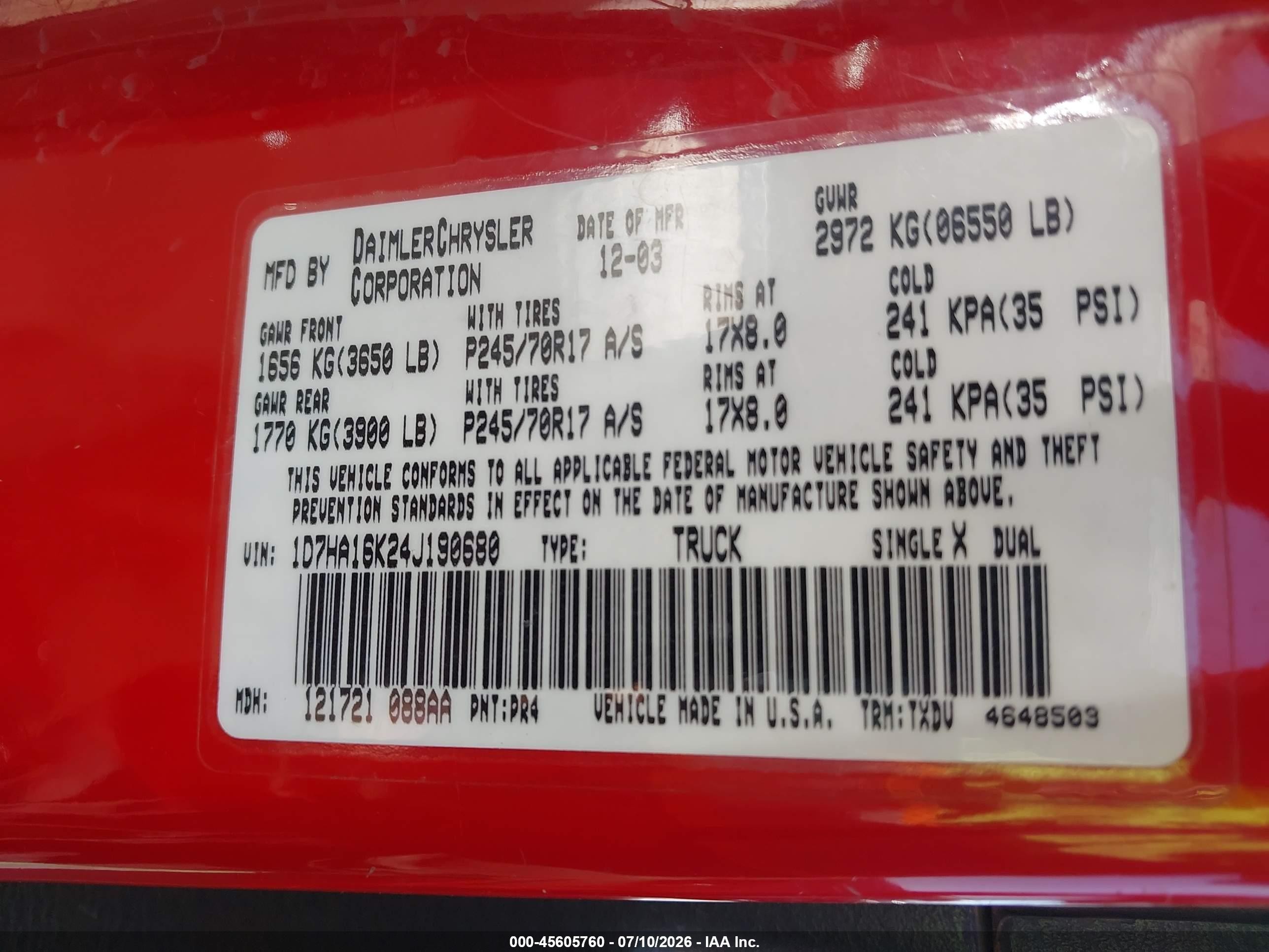 2004 Dodge Ram 1500 St Red vin: 1D7HA16K24J190680