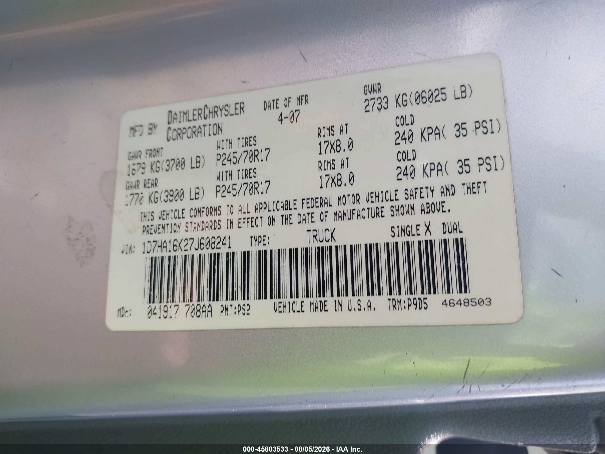 2007 Dodge Ram 1500 St Silver vin: 1D7HA16K27J608241