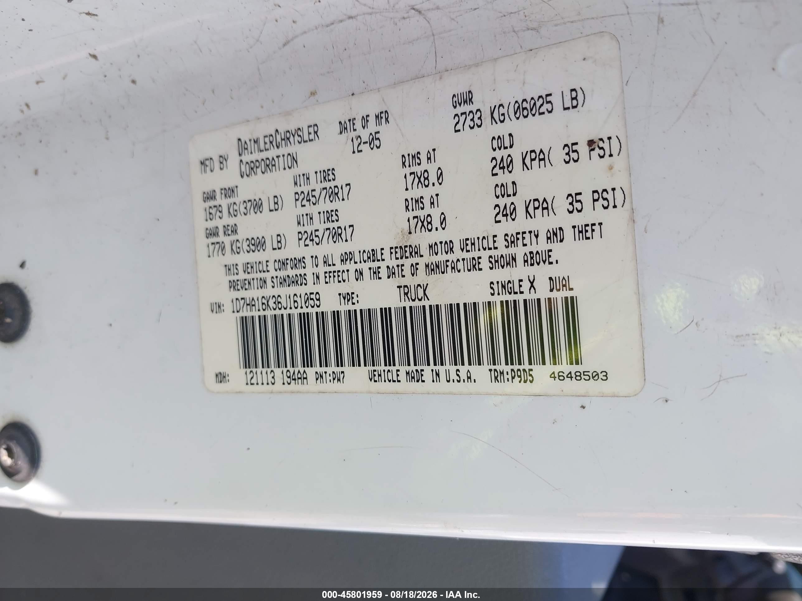 2006 Dodge Ram 1500 St White vin: 1D7HA16K36J161059