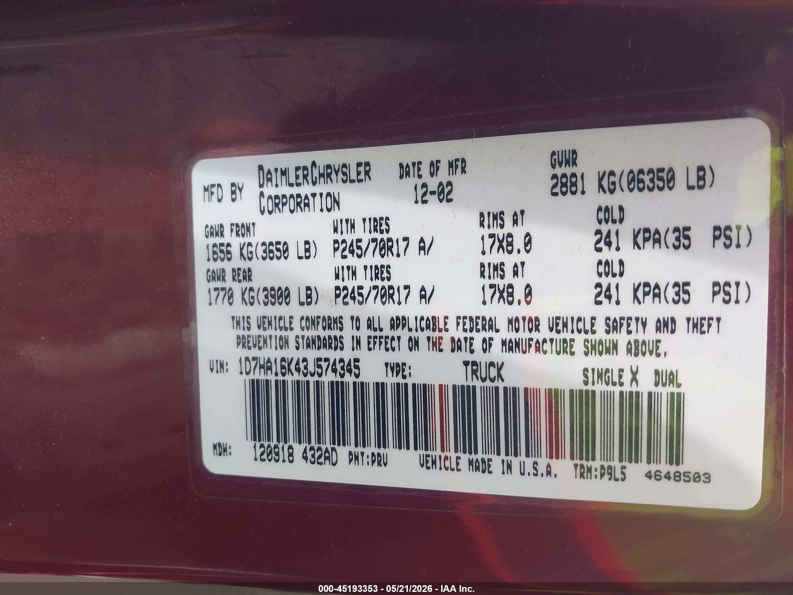 2003 Dodge Ram 1500 St Темно-бордовый vin: 1D7HA16K43J574345