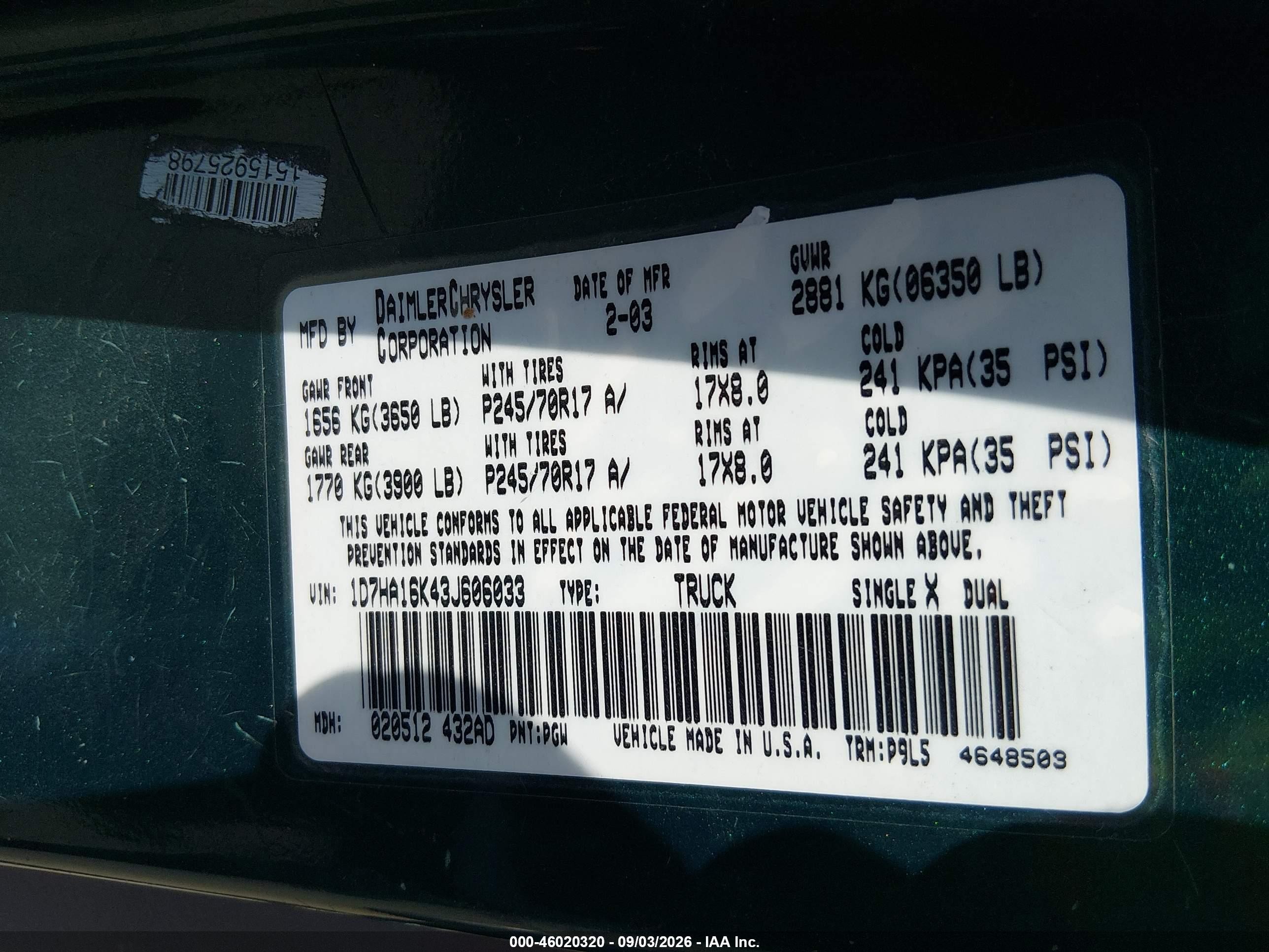 2003 Dodge Ram 1500 St Зеленый vin: 1D7HA16K43J606033