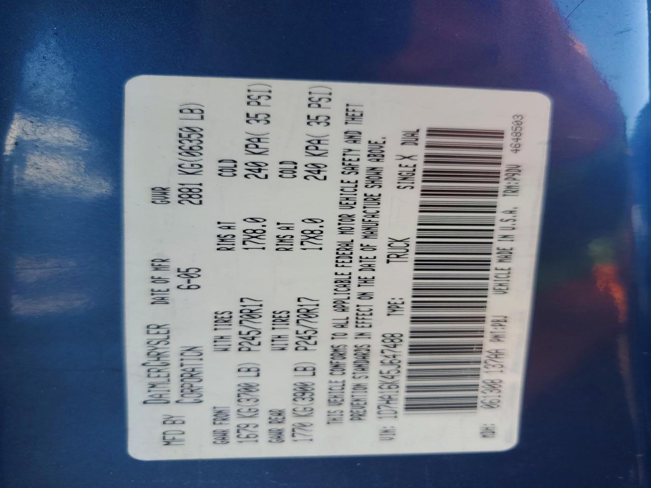 2005 Dodge Ram 1500 St Blue vin: 1D7HA16K45J647488