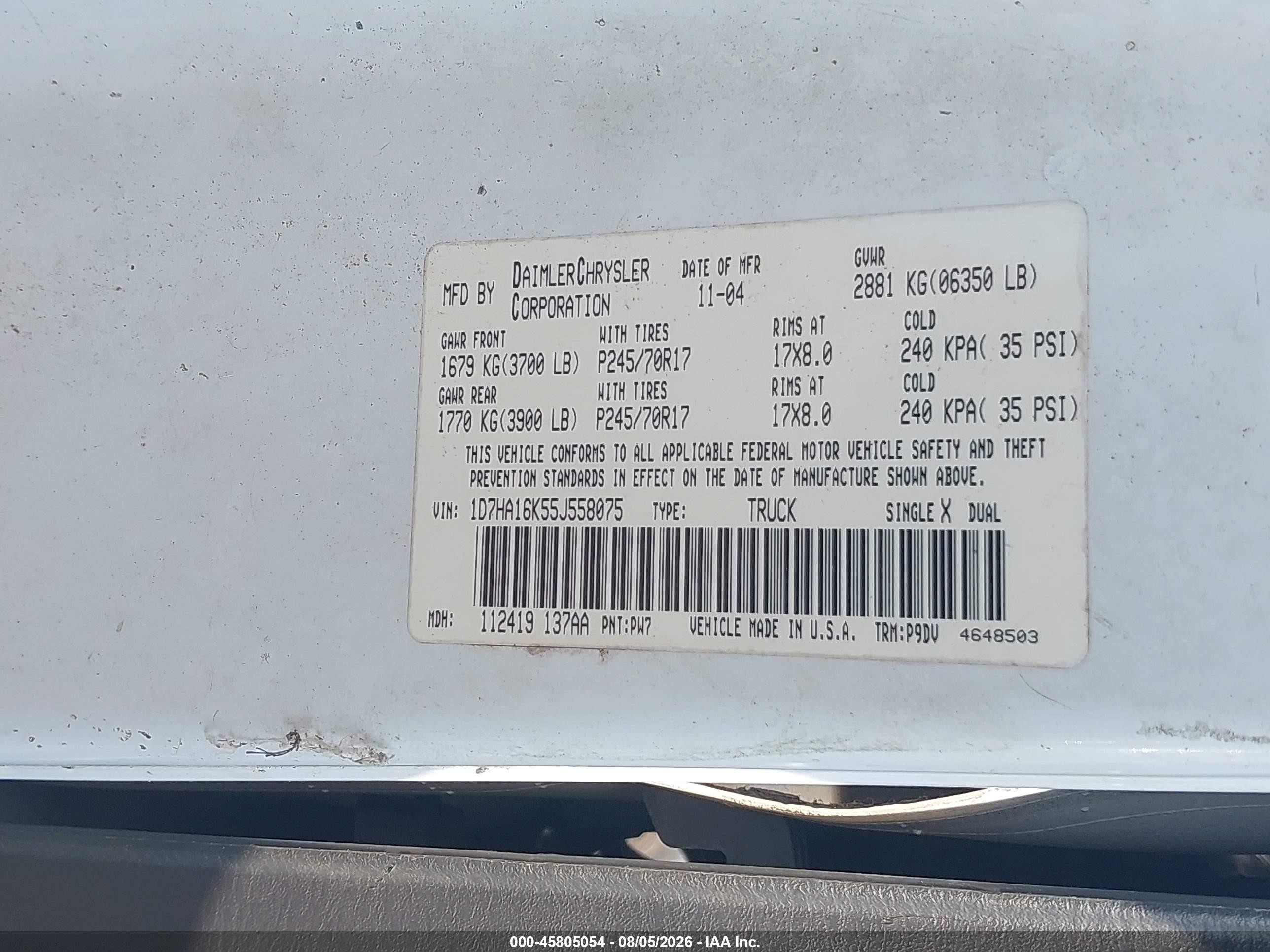 2005 Dodge Ram 1500 St White vin: 1D7HA16K55J558075