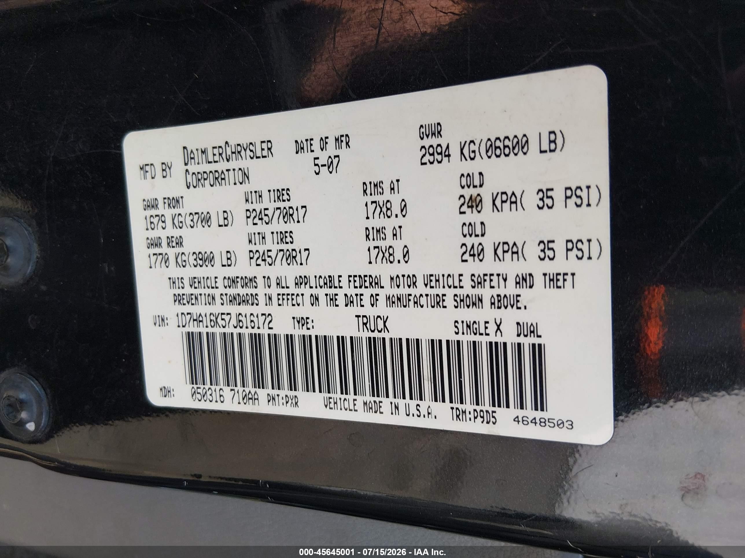 2007 Dodge Ram 1500 St Black vin: 1D7HA16K57J616172