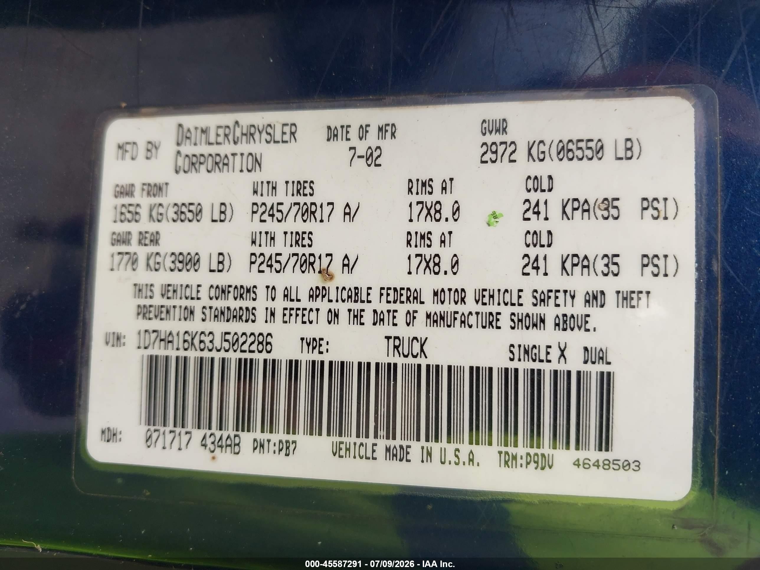 2003 Dodge Ram 1500 St Blue vin: 1D7HA16K63J502286