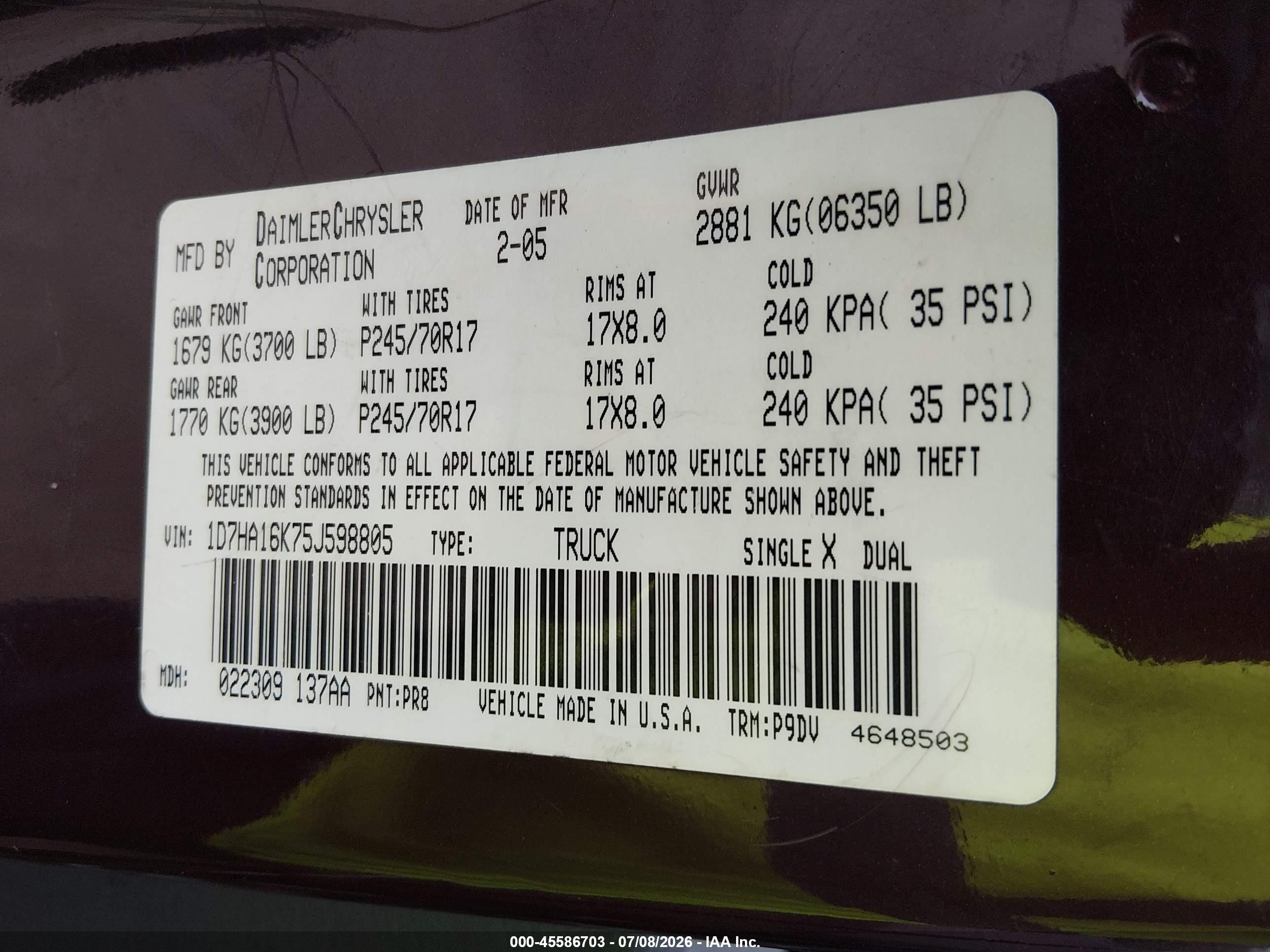 2005 Dodge Ram 1500 St Maroon vin: 1D7HA16K75J598805