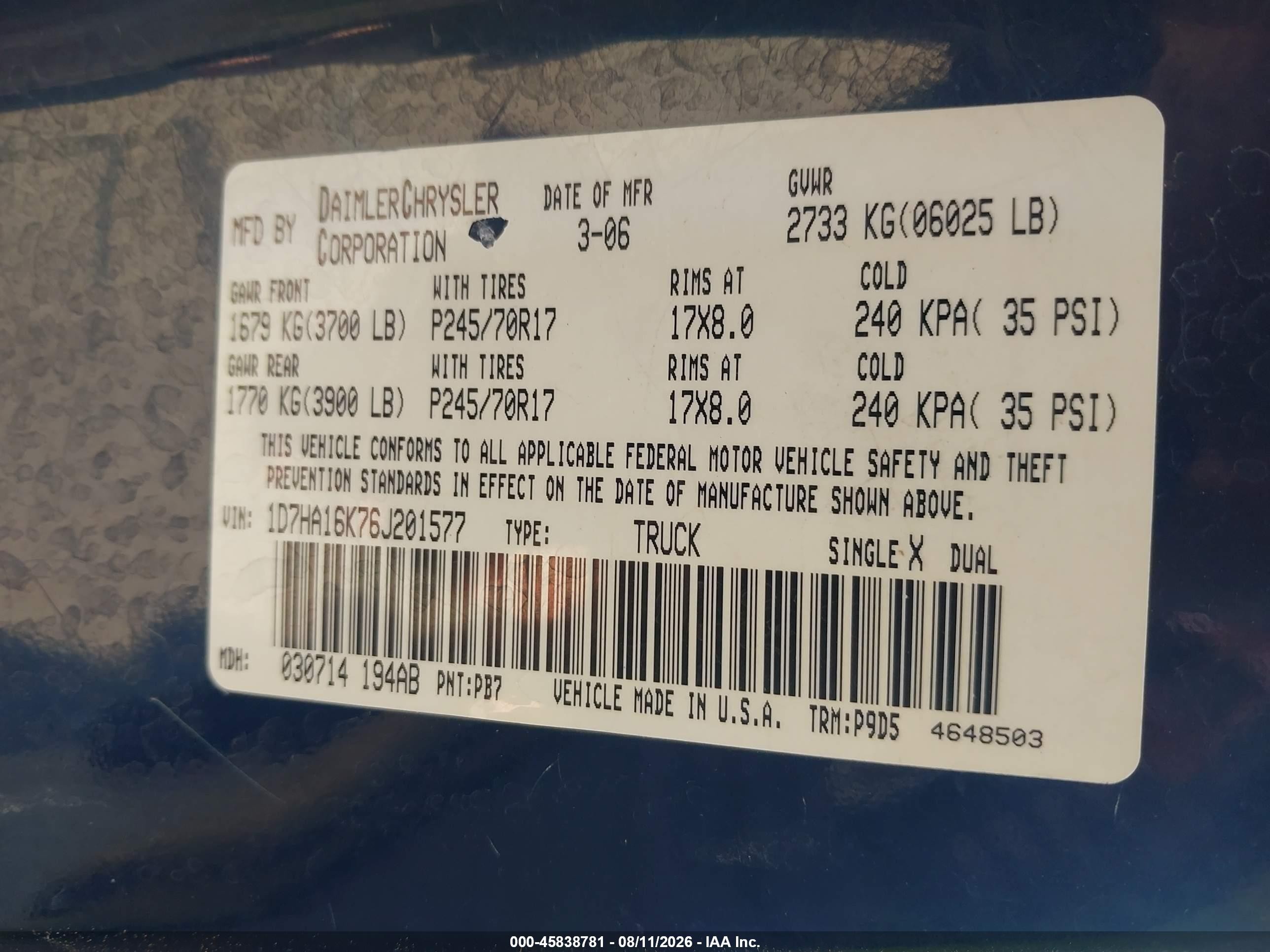 2006 Dodge Ram 1500 St Blue vin: 1D7HA16K76J201577