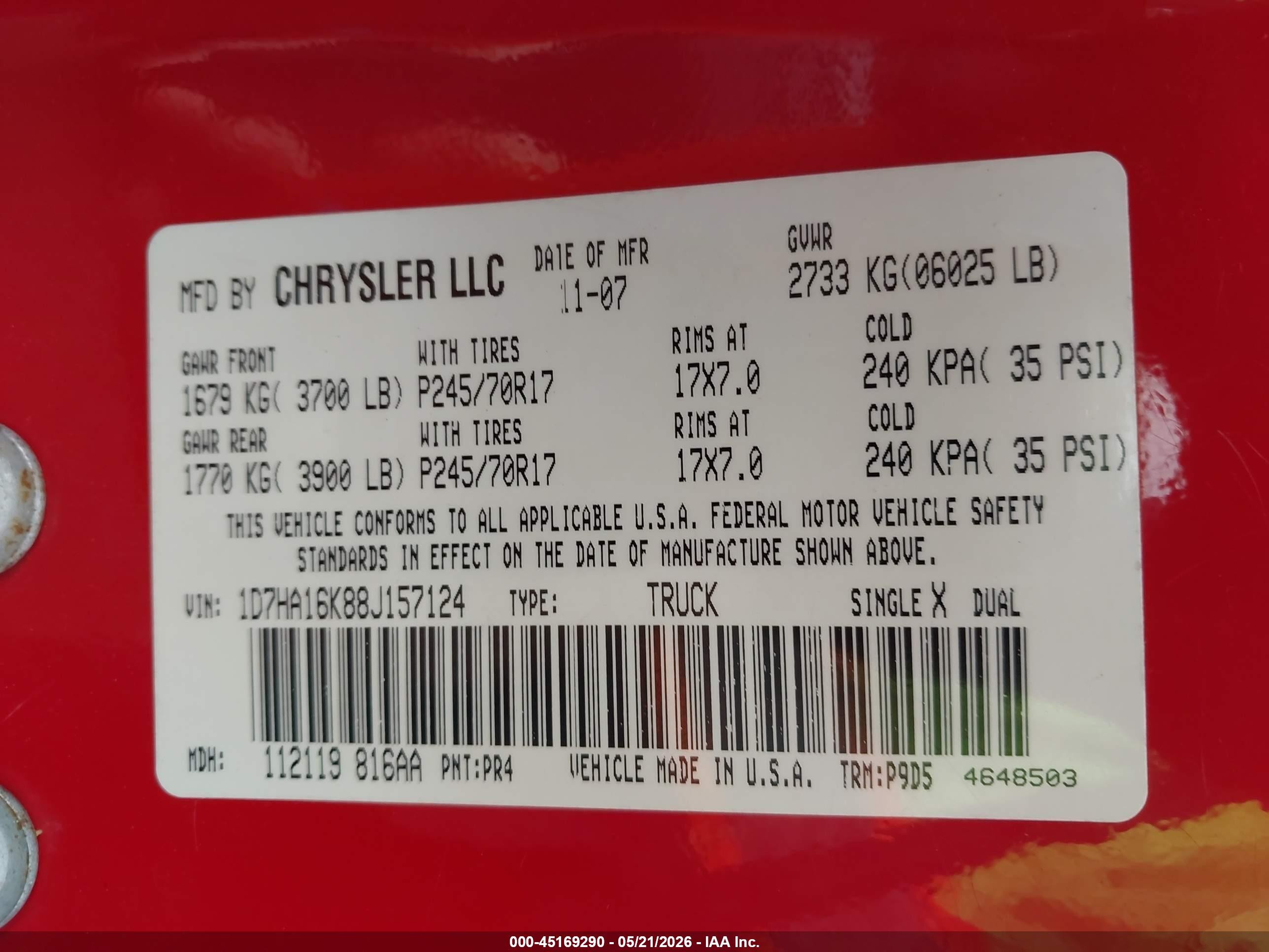 2008 Dodge Ram 1500 St/sxt Red vin: 1D7HA16K88J157124