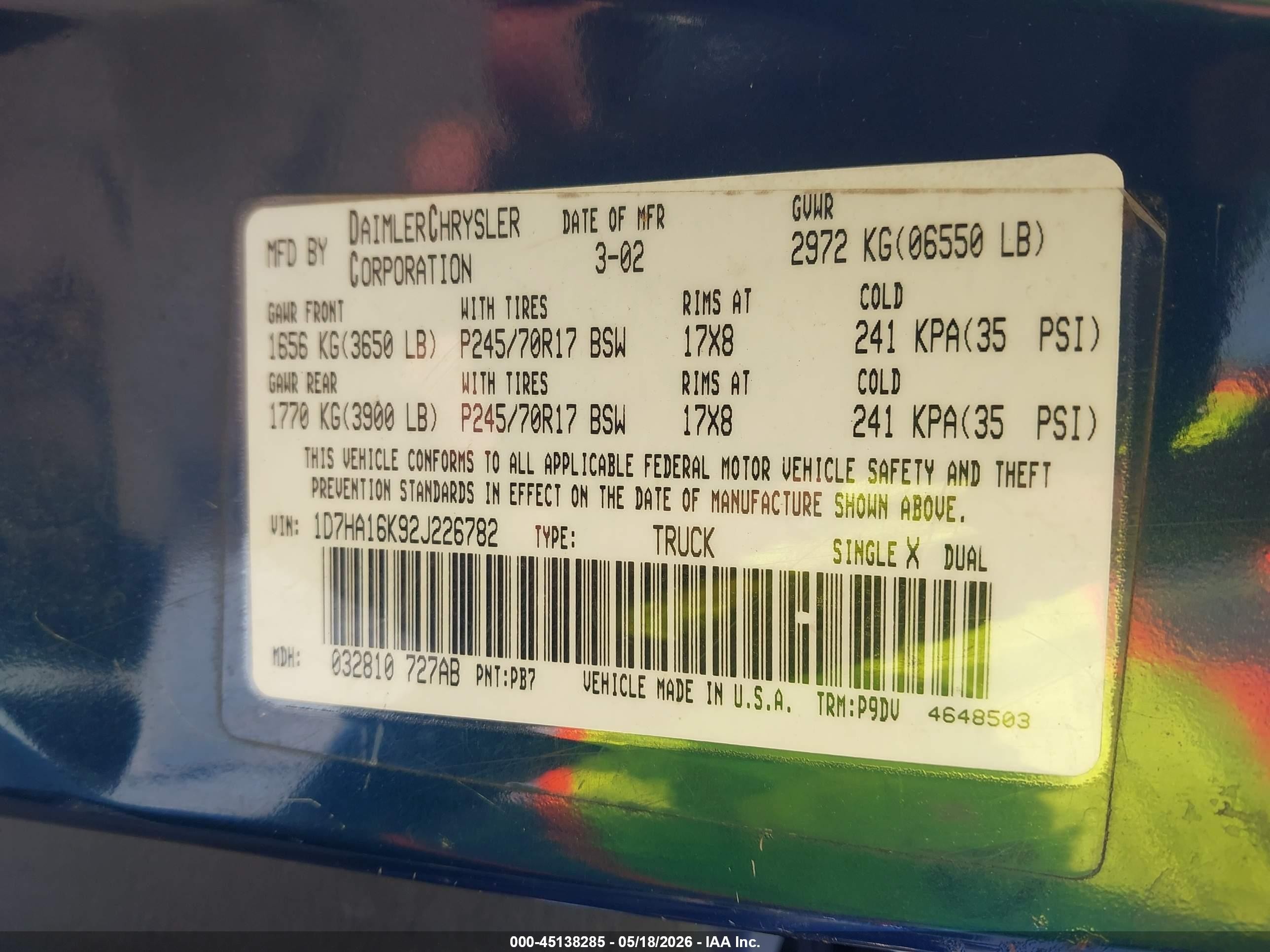 2002 Dodge Ram 1500 St Blue vin: 1D7HA16K92J226782