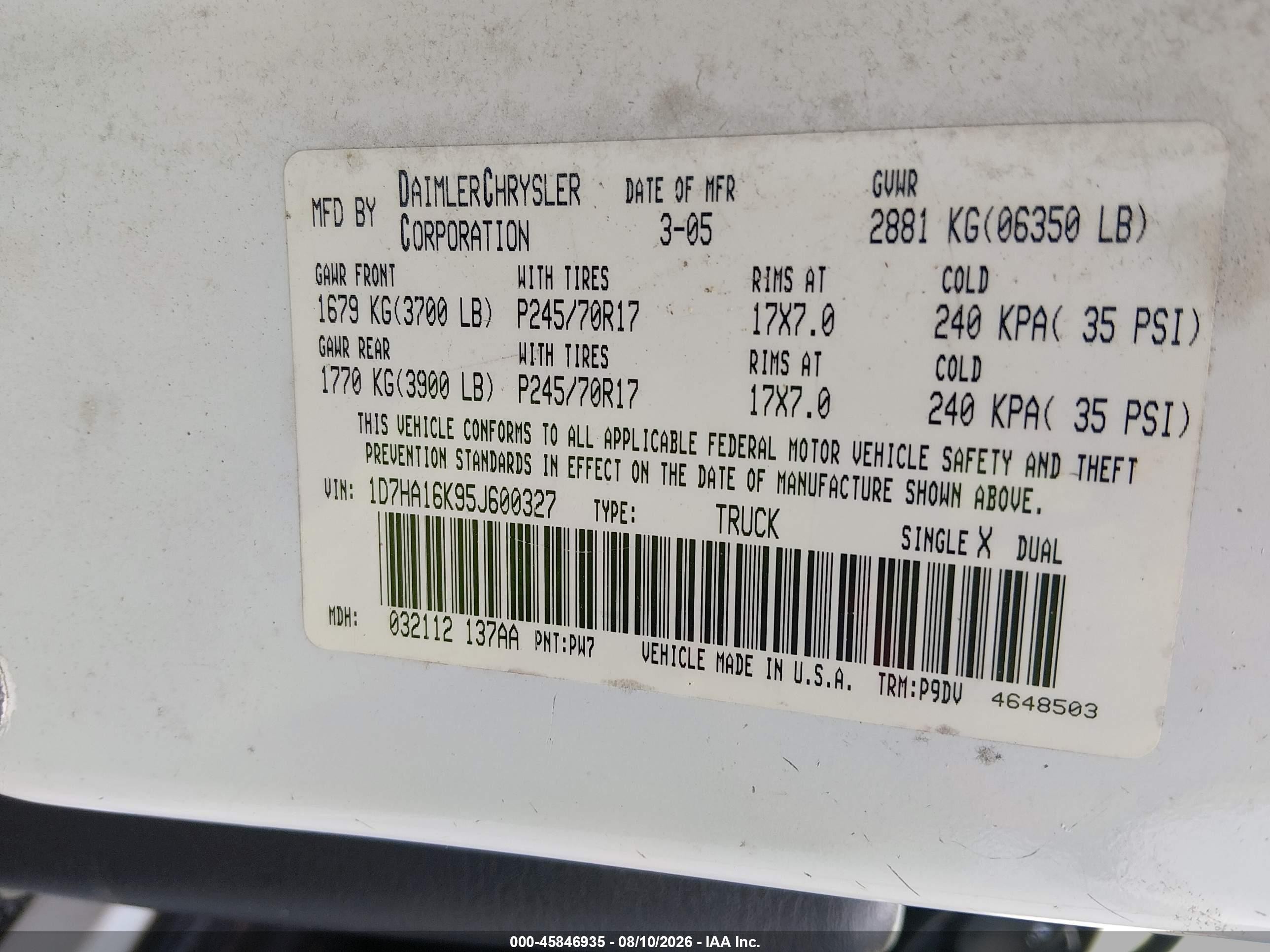 2005 Dodge Ram 1500 St White vin: 1D7HA16K95J600327