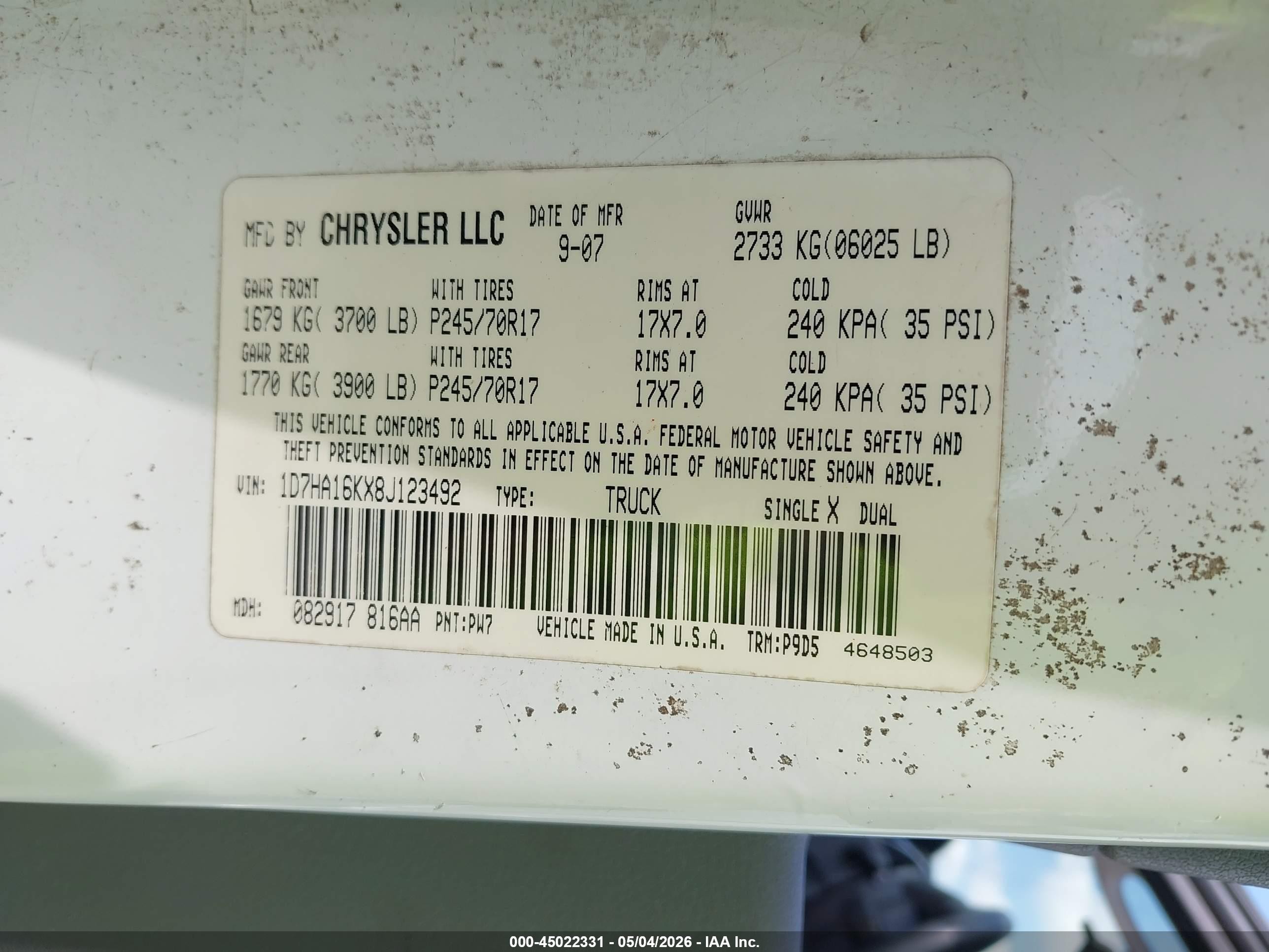 2008 Dodge Ram 1500 St/sxt White vin: 1D7HA16KX8J123492
