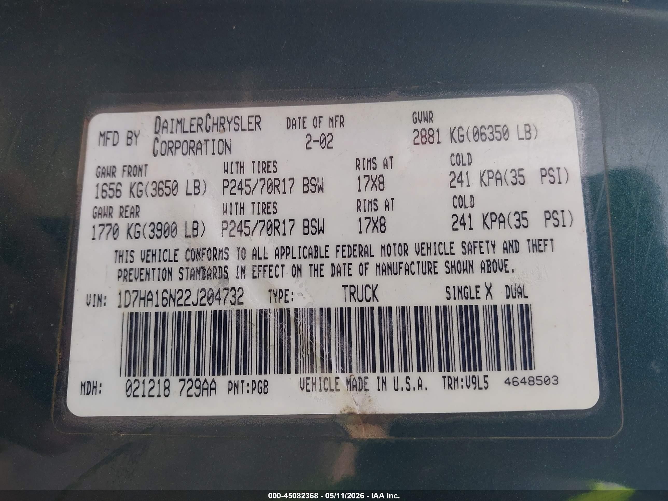 2002 Dodge Ram 1500 St Зеленый vin: 1D7HA16N22J204732