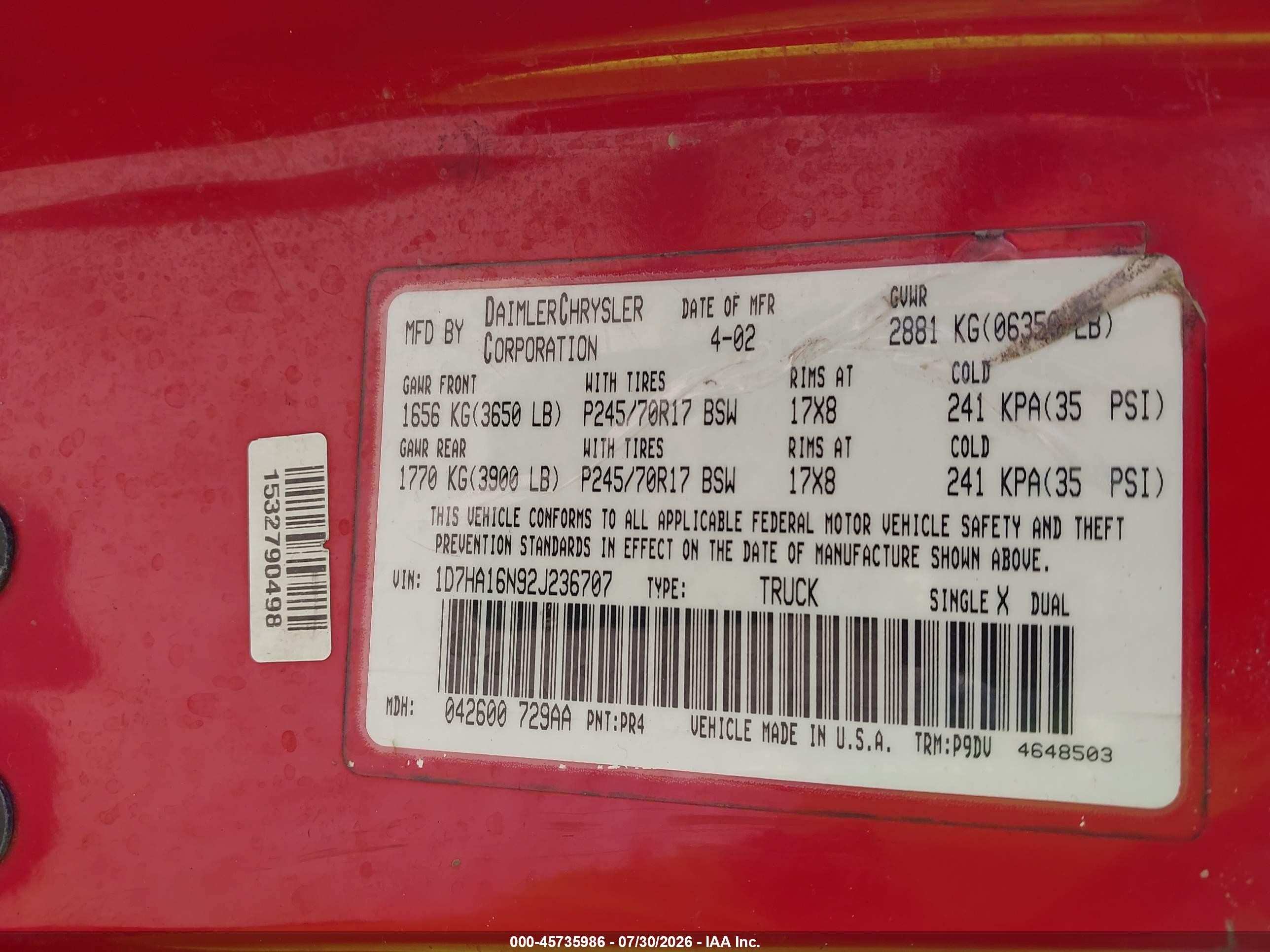 2002 Dodge Ram 1500 St Red vin: 1D7HA16N92J236707