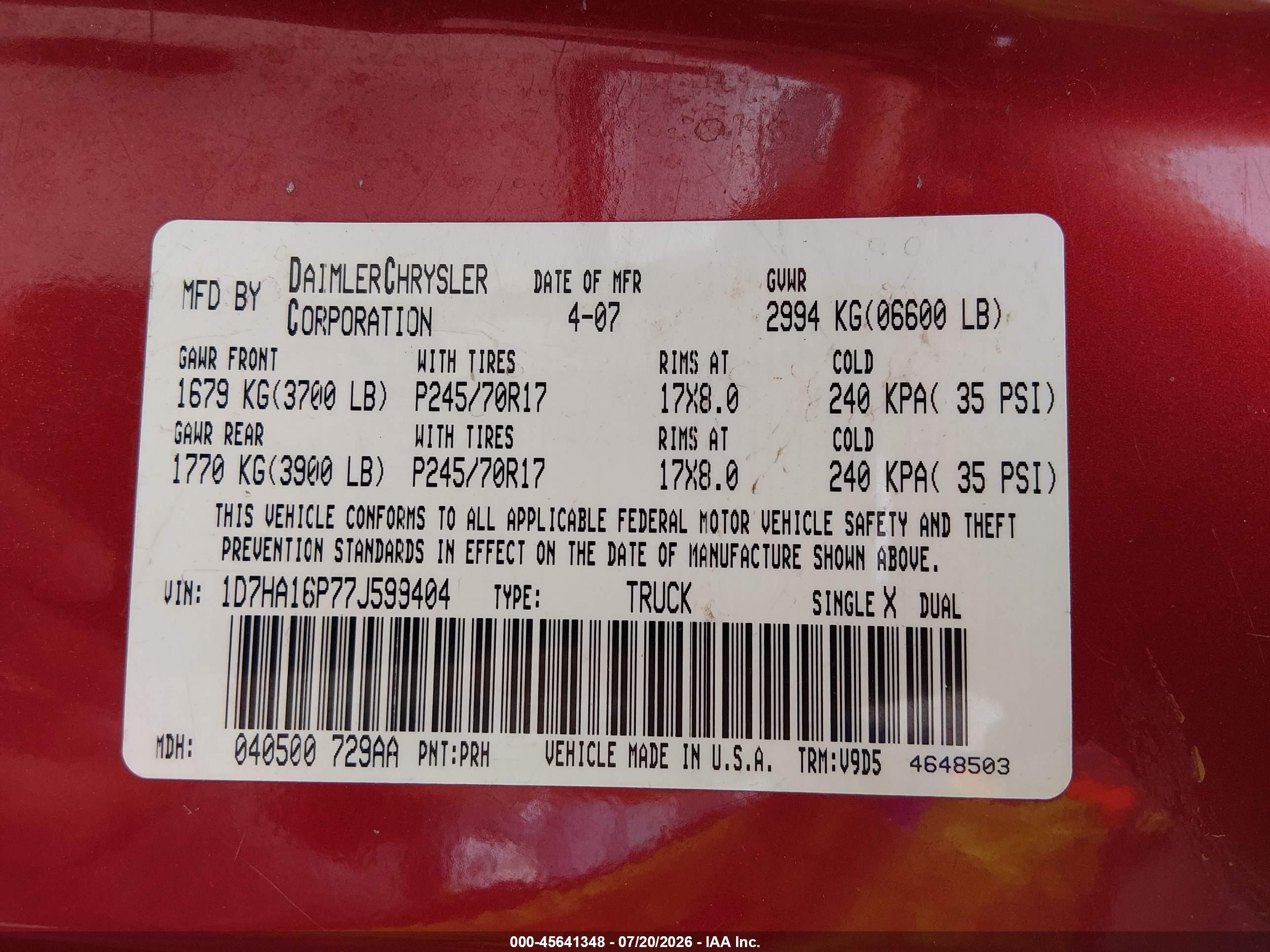 2007 Dodge Ram 1500 Slt Red vin: 1D7HA16P77J599404