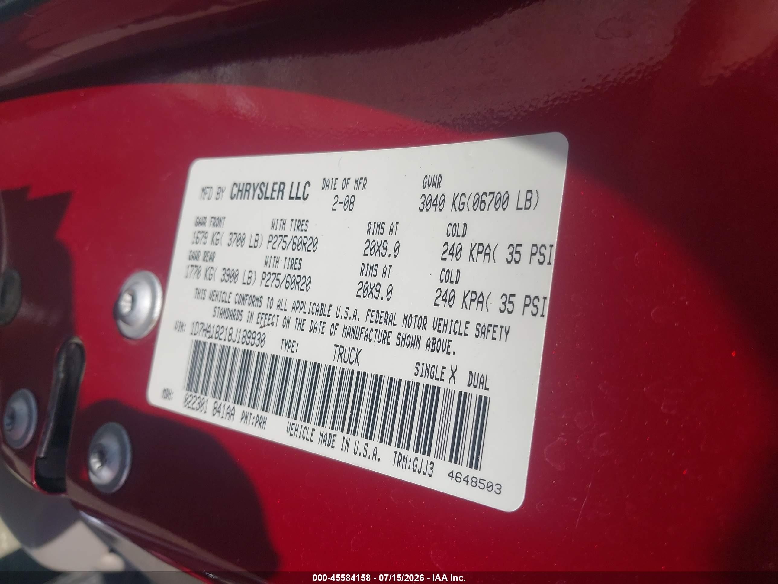 2008 Dodge Ram 1500 Laramie Red vin: 1D7HA18218J189930