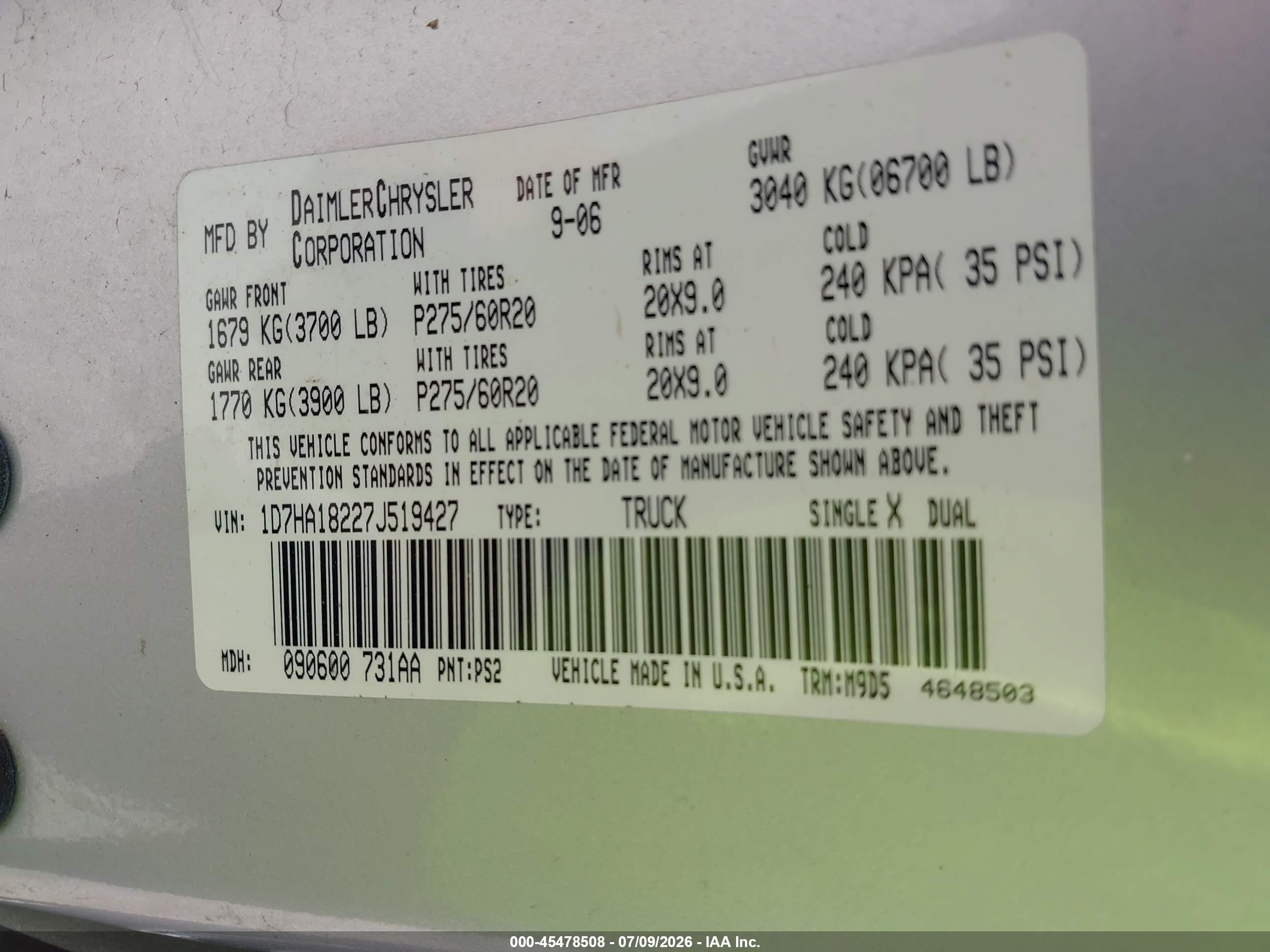 2007 Dodge Ram 1500 Slt Silver vin: 1D7HA18227J519427