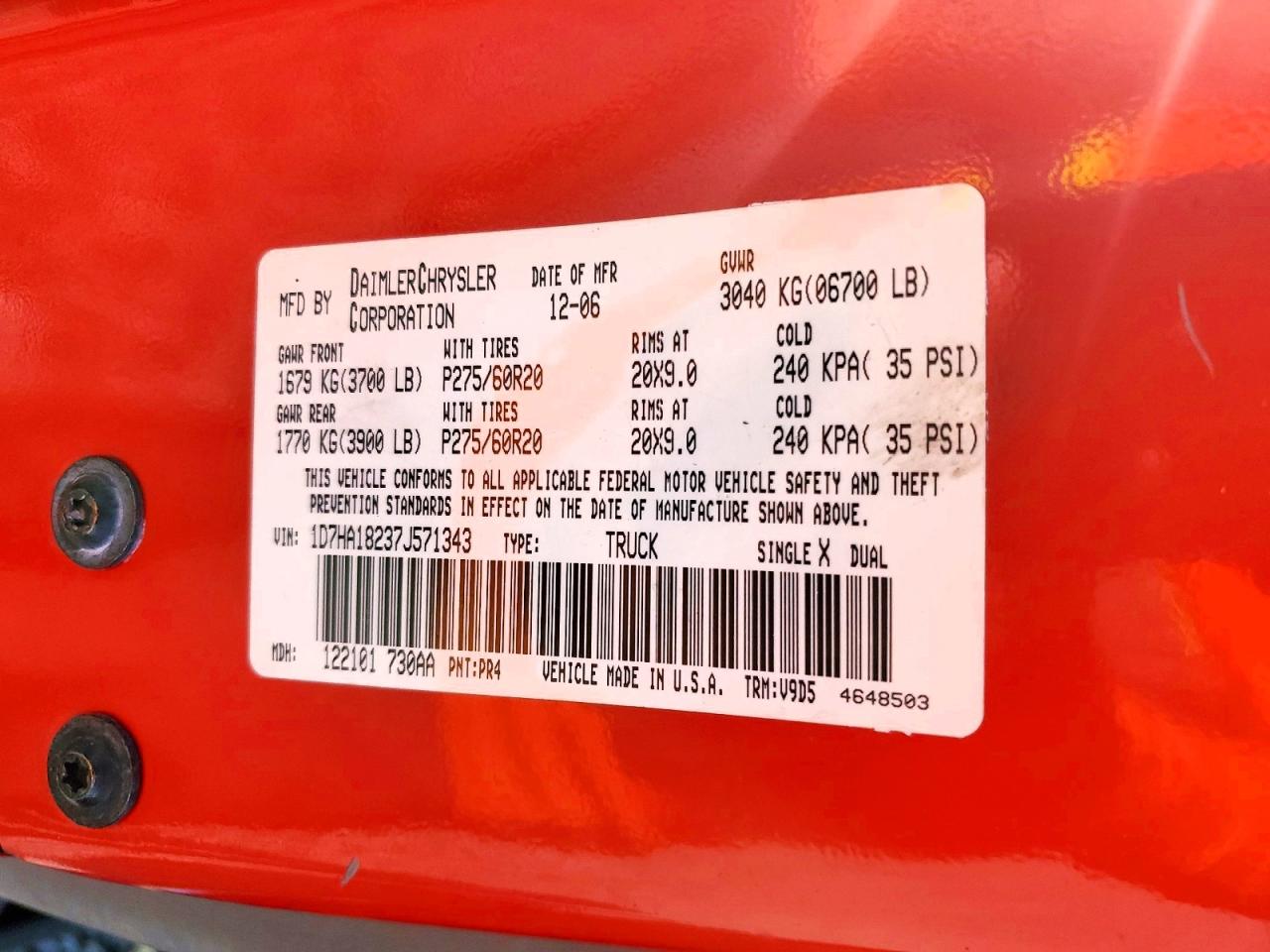 2007 Dodge Ram 1500 St Red vin: 1D7HA18237J571343