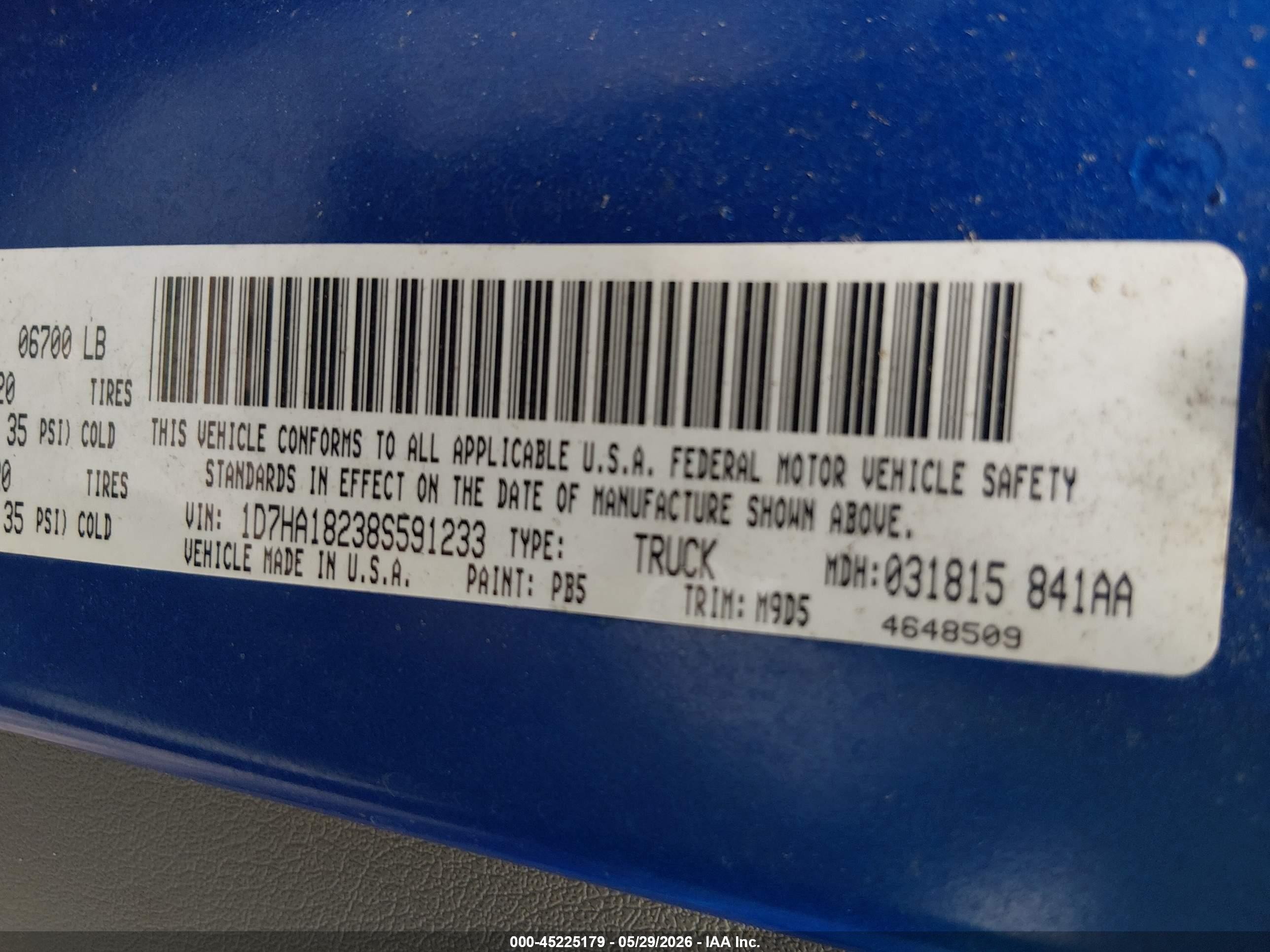 2008 Dodge Ram 1500 Slt Blue vin: 1D7HA18238S591233