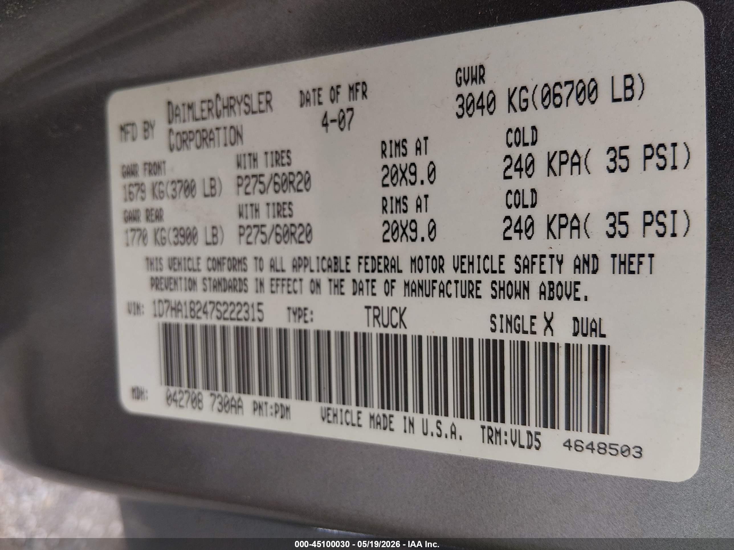 2007 Dodge Ram 1500 Laramie Gray vin: 1D7HA18247S222315