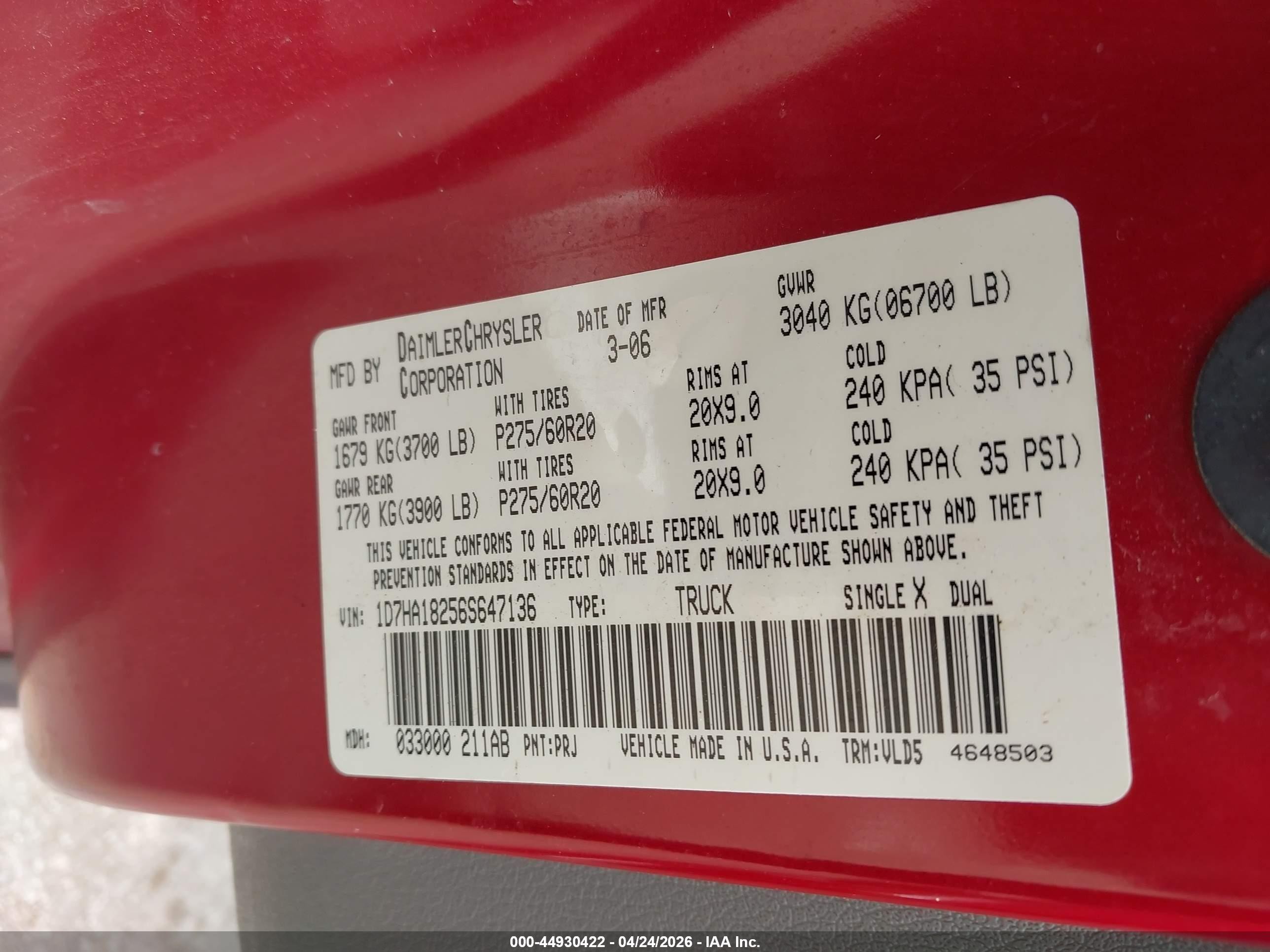 2006 Dodge Ram 1500 Laramie Red vin: 1D7HA18256S647136