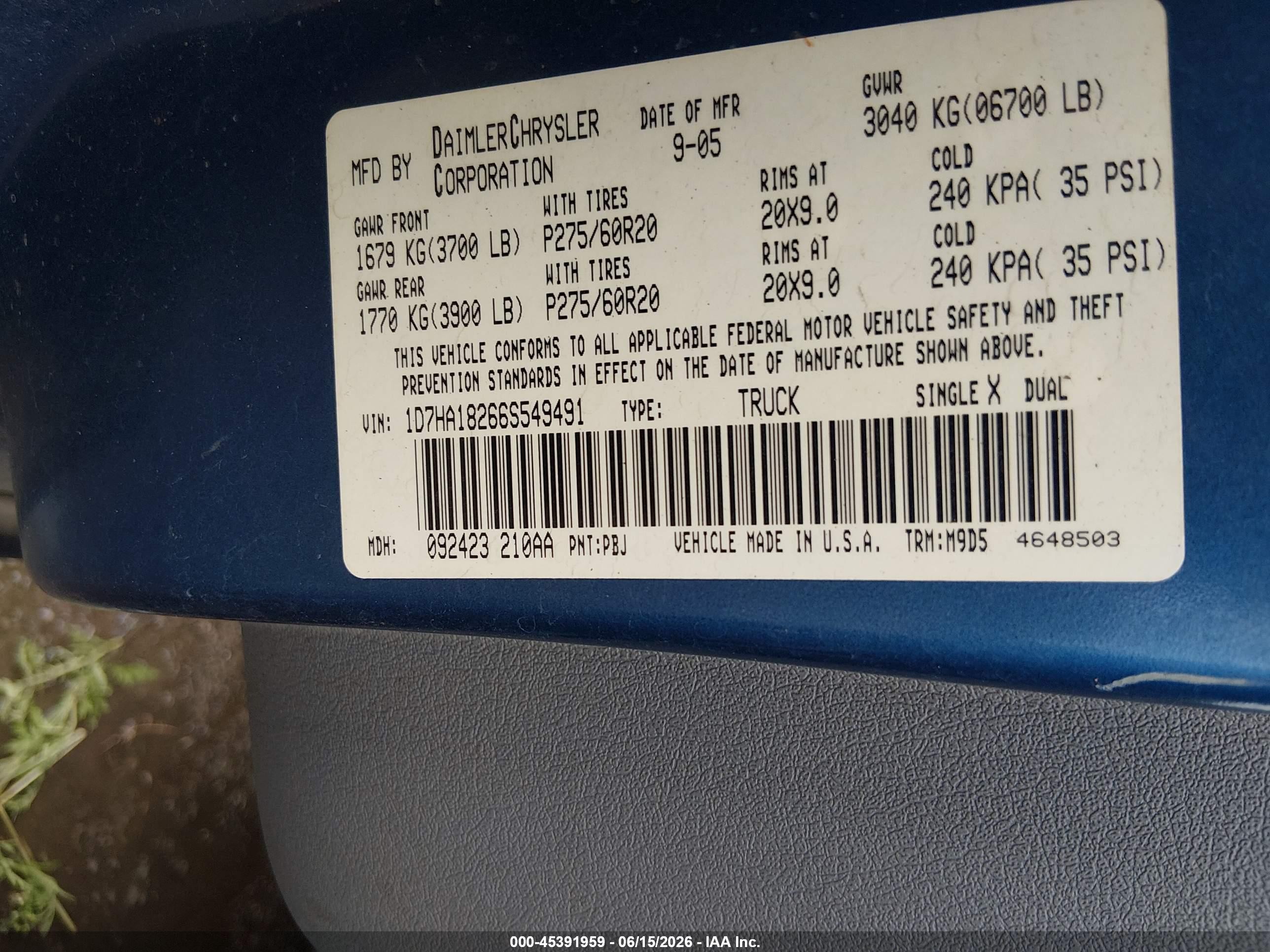 2006 Dodge Ram 1500 Slt Blue vin: 1D7HA18266S549491