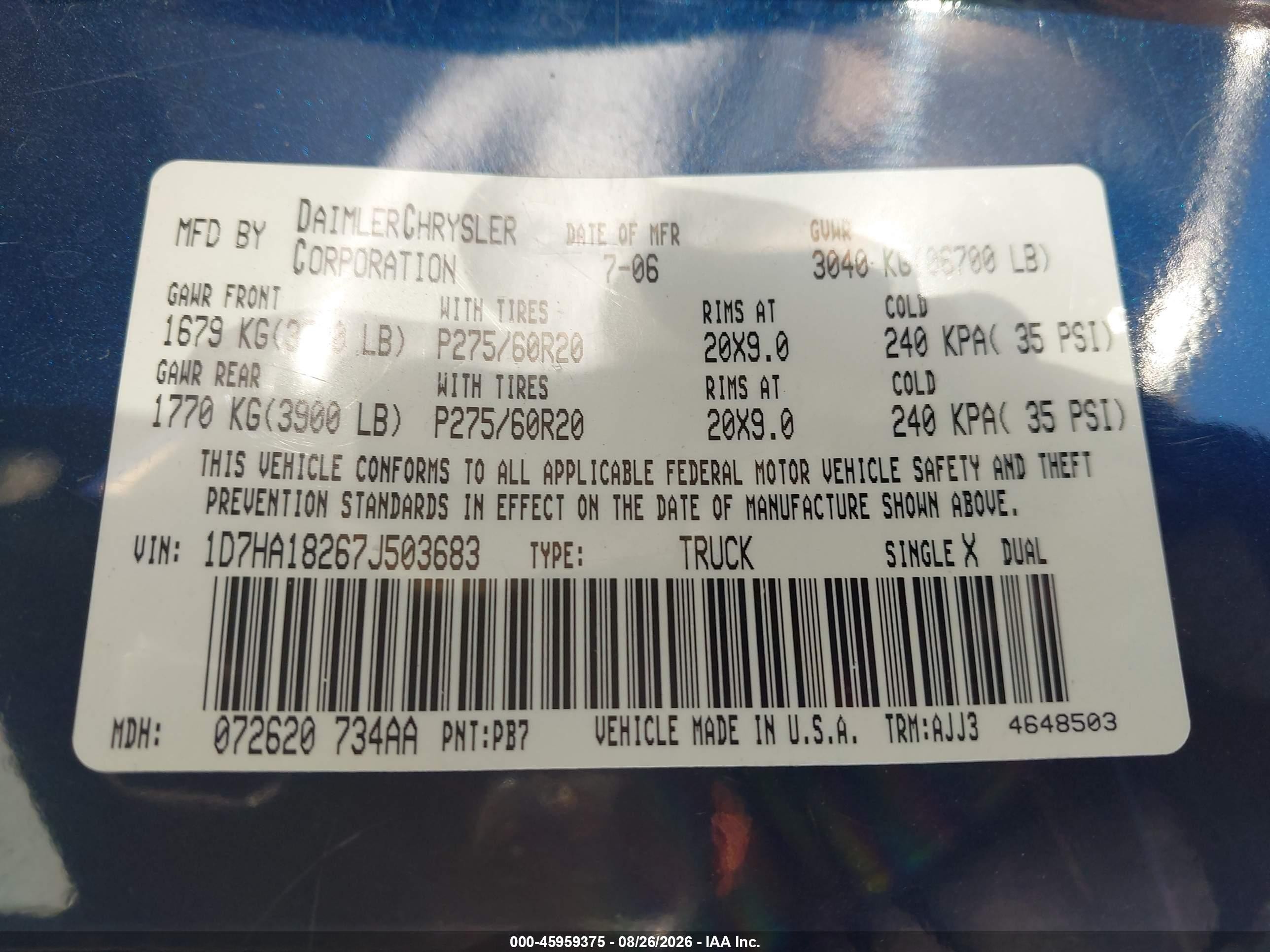 2007 Dodge Ram 1500 Slt Dark Blue vin: 1D7HA18267J503683