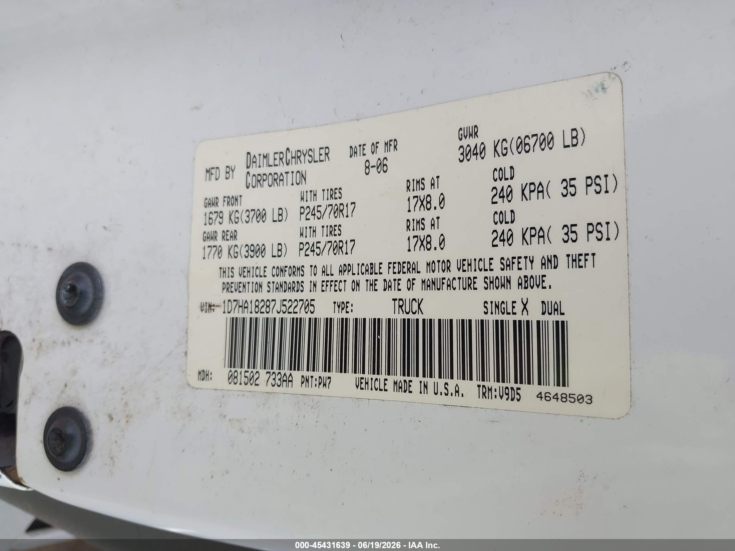 2007 Dodge Ram 1500 Slt White vin: 1D7HA18287J522705