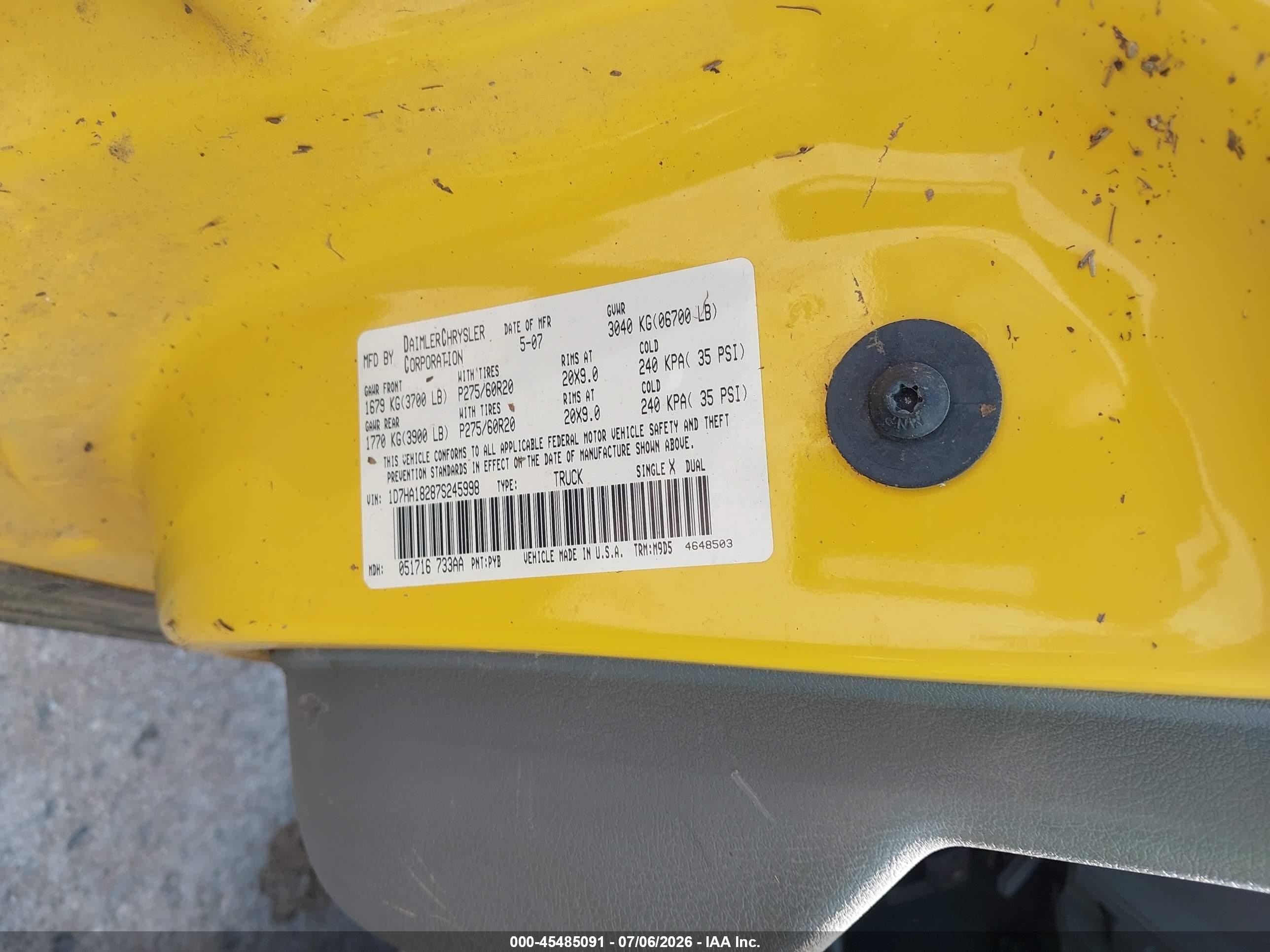 2007 Dodge Ram 1500 Slt Yellow vin: 1D7HA18287S245998