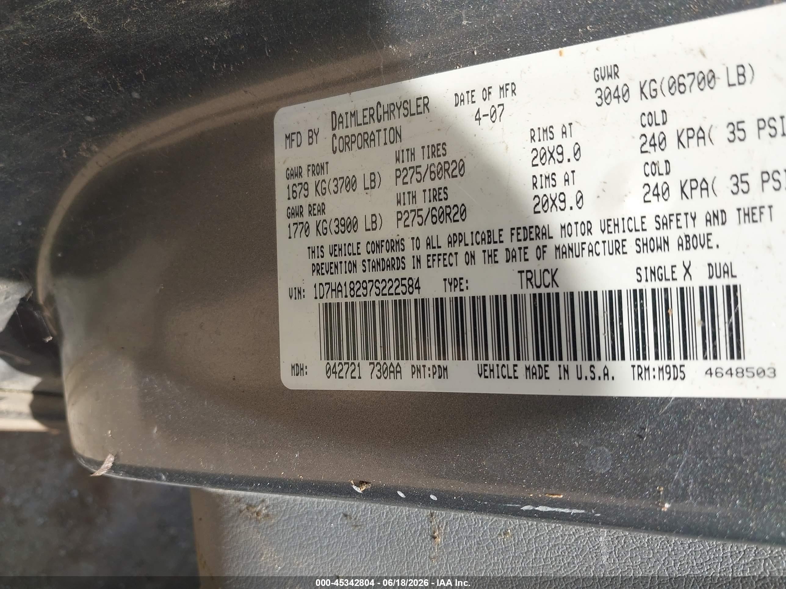 2007 Dodge Ram 1500 Slt Gray vin: 1D7HA18297S222584