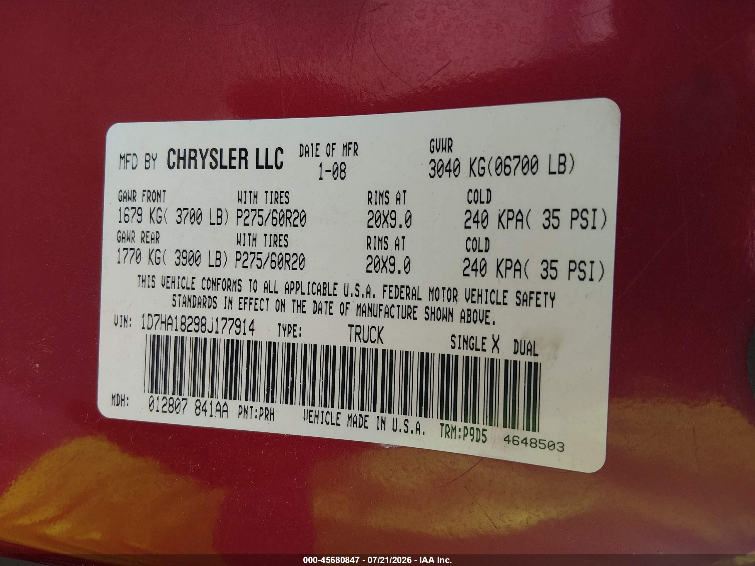2008 Dodge Ram 1500 Slt Red vin: 1D7HA18298J177914