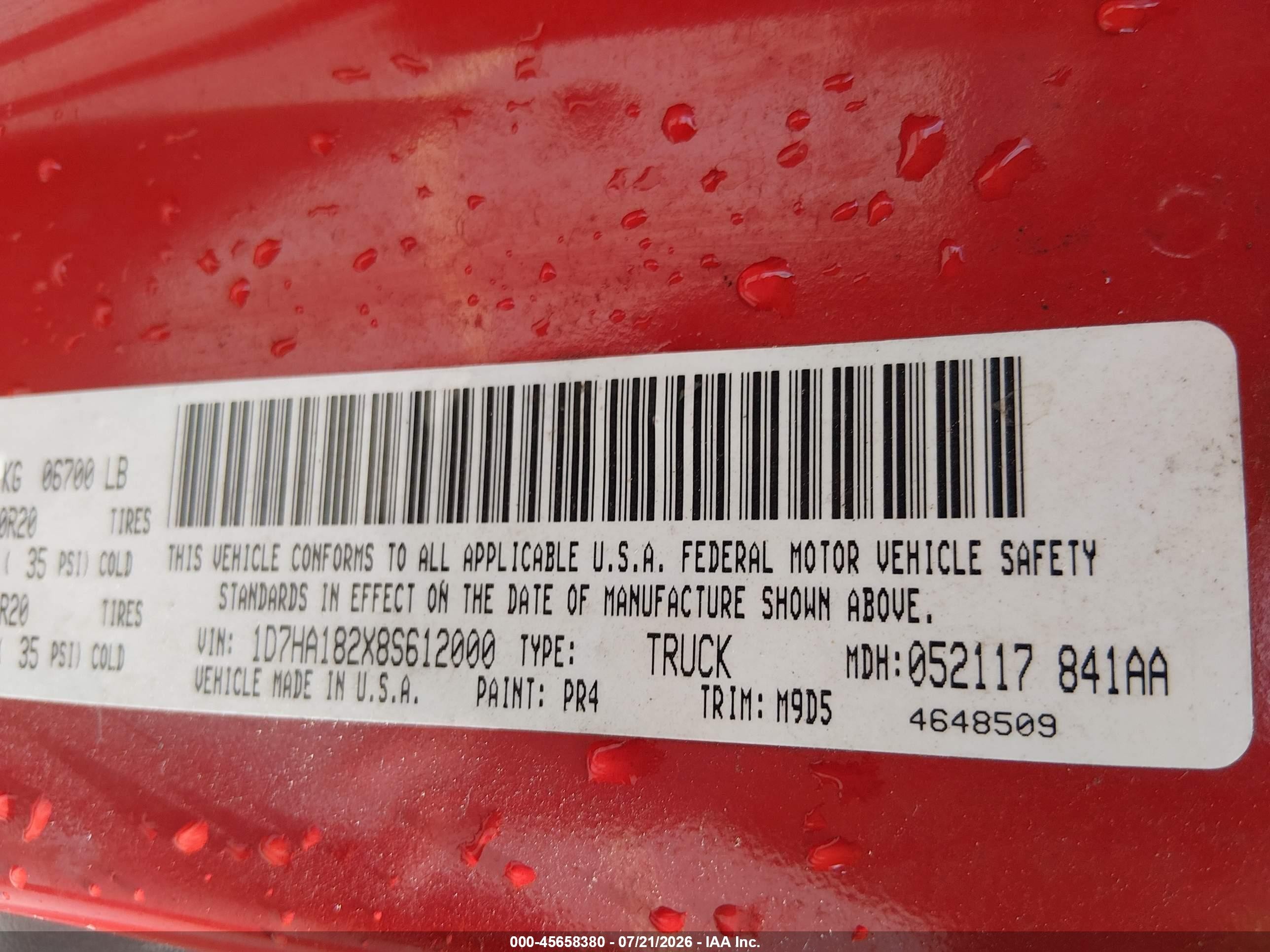 2008 Dodge Ram 1500 Slt Red vin: 1D7HA182X8S612000