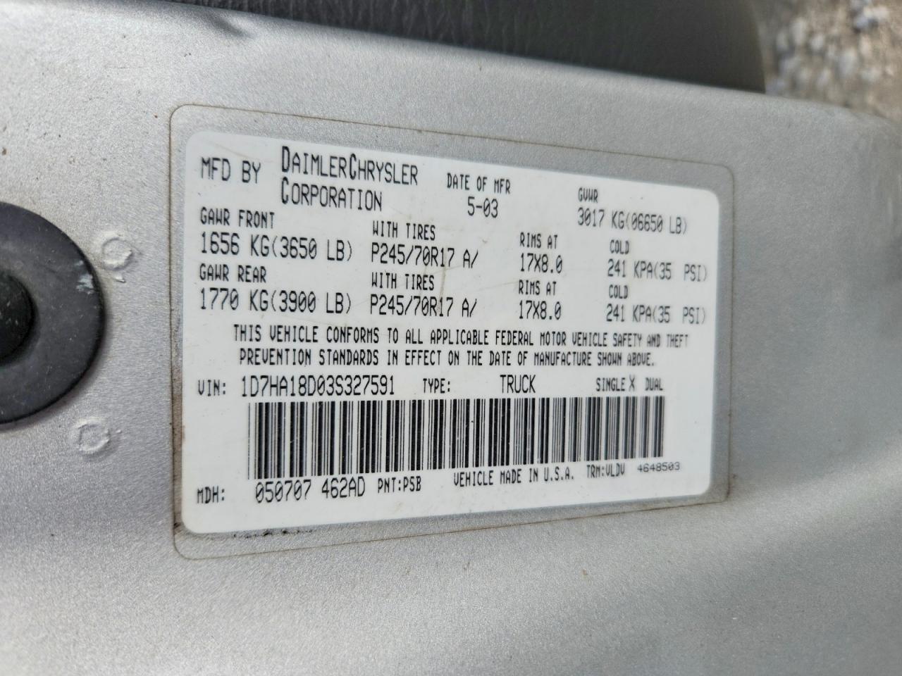 2003 Dodge Ram 1500 St Silver vin: 1D7HA18D03S327591