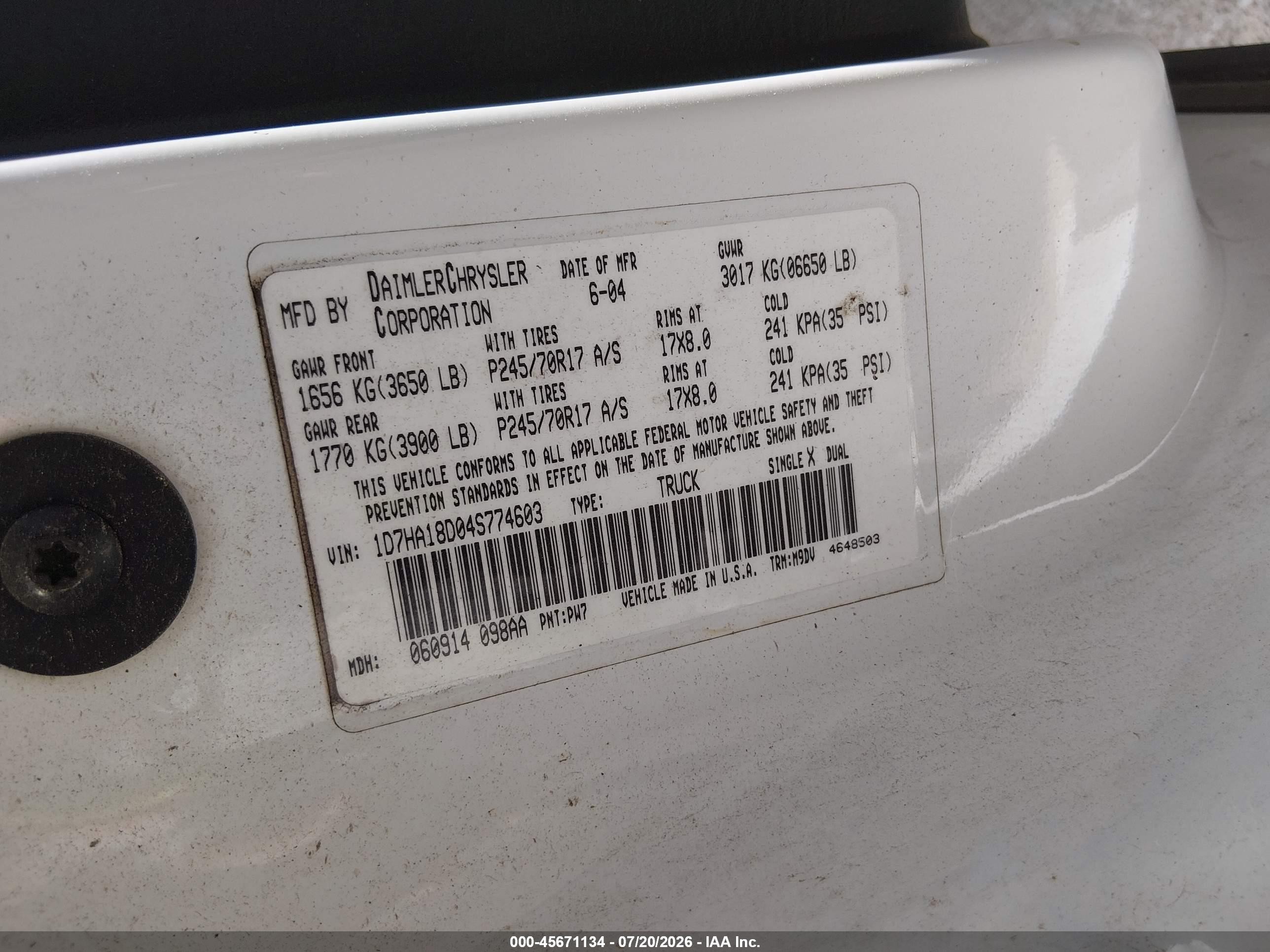 2004 Dodge Ram 1500 Slt/laramie White vin: 1D7HA18D04S774603