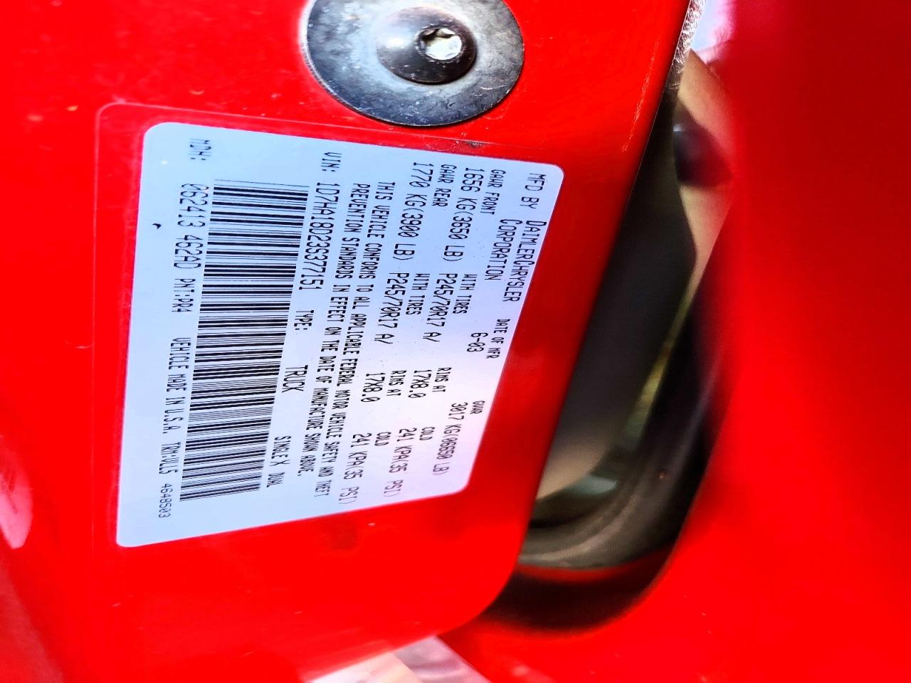 2003 Dodge Ram 1500 St Red vin: 1D7HA18D23S377151