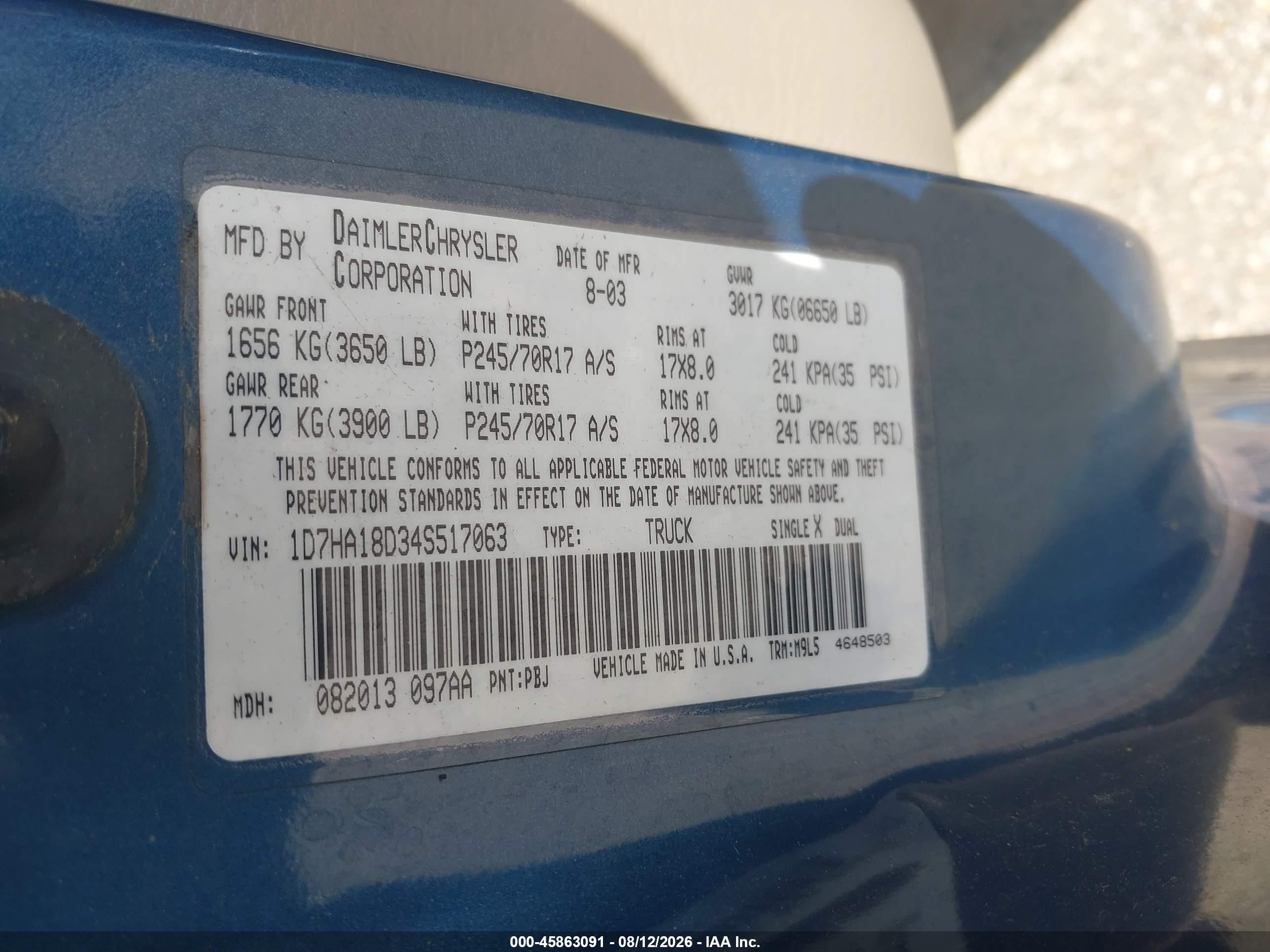 2004 Dodge Ram 1500 Slt/laramie Blue vin: 1D7HA18D34S517063
